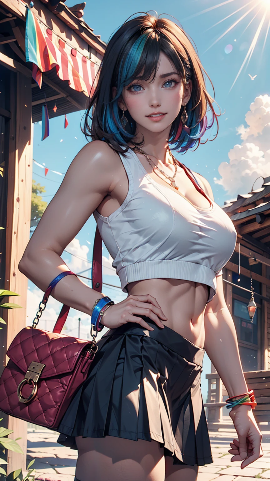 Fotógrafia,(Ultra resolution 8K), beautiful teenager the most beautiful, cabello corto, (hermoso cabello rosa), (cabello rosado movido por el viento), (ojos azules), figura hermosa, Micro lingerie