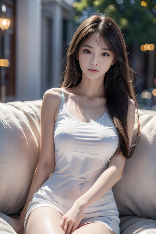 (8K, Raw foto, Best Quality, Cute face, Masterpiece:1.2), Hight Details TAW Color Pictures, professional photograph, (realisitic, Realistis:1.37), ((Best Quality)), Cinematic light, (finerly detailed face:1.2), (Masterpiece:1.5), (Best Quality:1.2), (Bokeh:1.2), 35 mm:1.25, Wide Angle, High Angle:1.2, glamour shots, portrait photos, 1 Girl, 19-year-old athlete, Solo, White skin, Cute, Detailed skin texture, sparkly skin, detailed beautiful and delicate face:1.3, Athletic Sportswear, Padded Crop Top, large natural breasts, a narrow waist, large pelvis, Surreal photos of beautiful women, Golden hair, large full breasts, Long leg,(Beauty and delicate armor), hugging, , Delicate whitework, Complex filigree, glittering, navels, highly detaild, intriciate detail, facial symmetry, Masterpiece, Award-Standing, Sharp focus, Concept Art, Low Key, 8K, UHD, Low Key, octan render, Translucent tight-fitting white long dress, Full-body photograph,)), ((Light V-Neck Midi Tight String Shoulder Sleeveless Cotton Berry Long Dress:1.4)), (s whole body:1.4), (High Sneakers),attractive smile, one leg raised, Photograph of a person looking up from below,