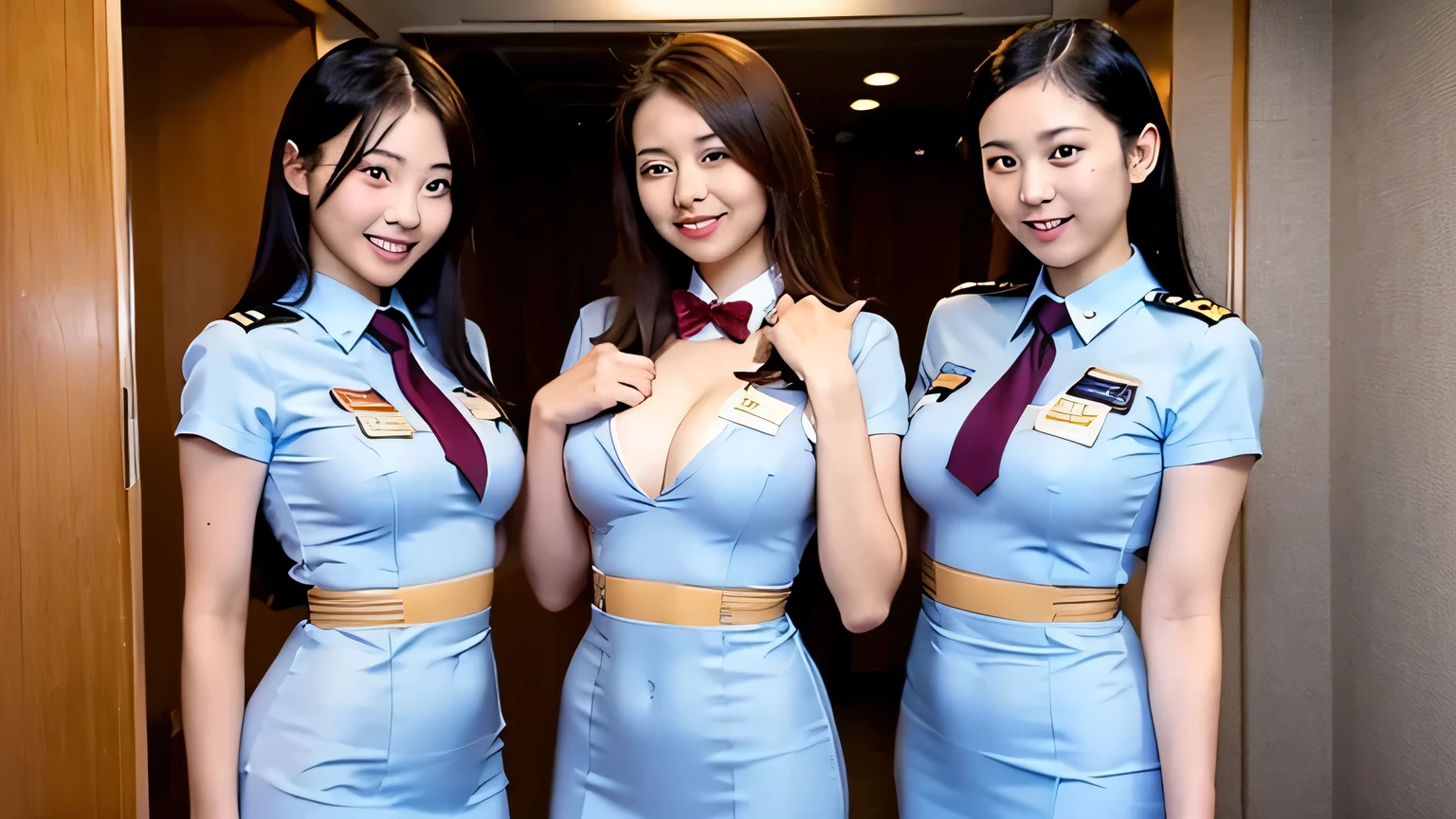Highest quality、masterpiece、、Very detailed、Realistic、(Two Girls)、(Looking at me with a mischievous smile)、whole body、Small face、Narrow shoulders、(Big Breasts:1.2)、Thin and beautiful legs、Tight and slim waist、(Singapore flight attendant uniform with buttons:1.2)、(Tight mini skirt:1.1)、Short Hair、(Erect nipples:1.1)