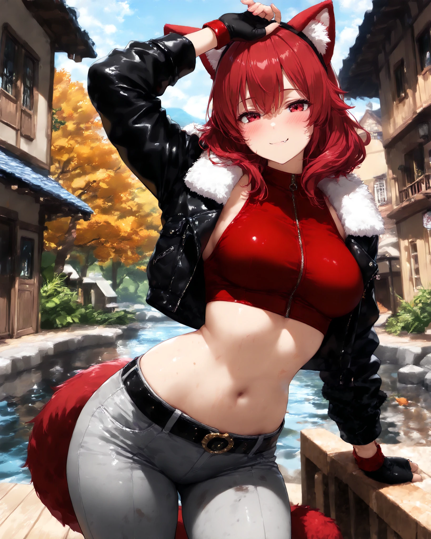 cowboy shot, [furry girl:0.5], finger to away, arm up, Forward bending, A mischievel smile, fake animal ears, ear fluffy, fake animal red tail, ruby red eyes, ruby red hair, medium hair, shaggy hair, fang, very cute face, cute cat girl, solo, medium breasts, fur trim black midriff jacket, fur body, red zipped crop top, tight gray pants, belt, cat shaped A buckle, fingerless gloves, blush, curvy beauty, dirty body, flawless smooth skin, outdoors, A beautiful village with a small lake, (best quality,4k,8k,highres,masterpiece:1.2),ultra-detailed,intricate details, high fashion, dramatic lighting, warm colors, chiaroscuro