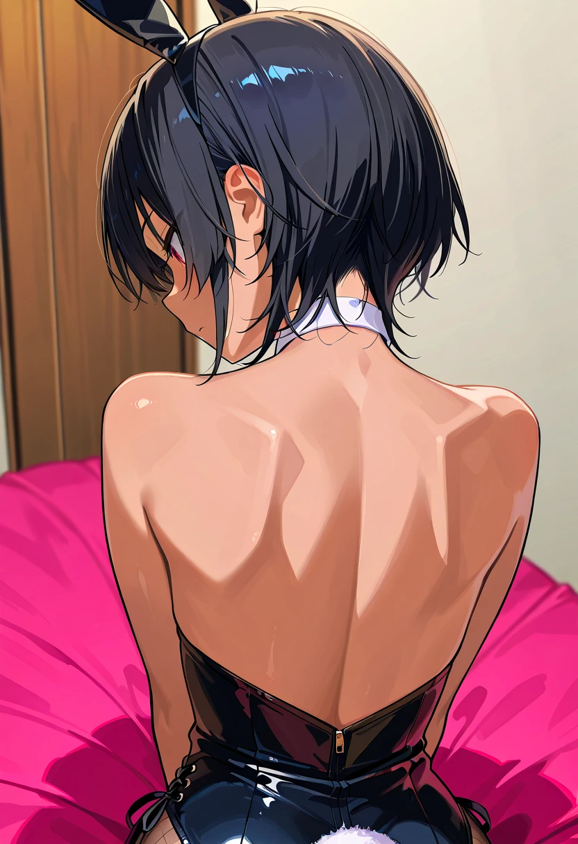 bedroom、 girl{ black hair、 short hair(Long pile 、Long nape)、 slender、 small tits、 tan跡、Dark Skin、 tan、 bunny suit、}、