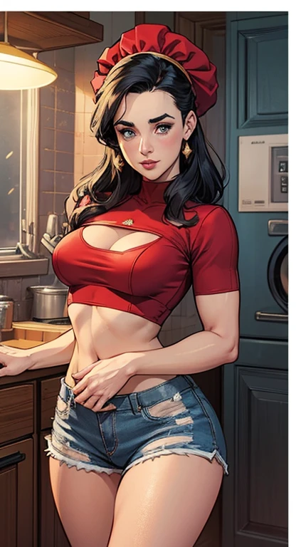 Beautiful girl, 20 years old, deep black hair, blue eyes, red top, pans denim, cowboy hat. The most beautiful woman in the world, busty. Comic style.