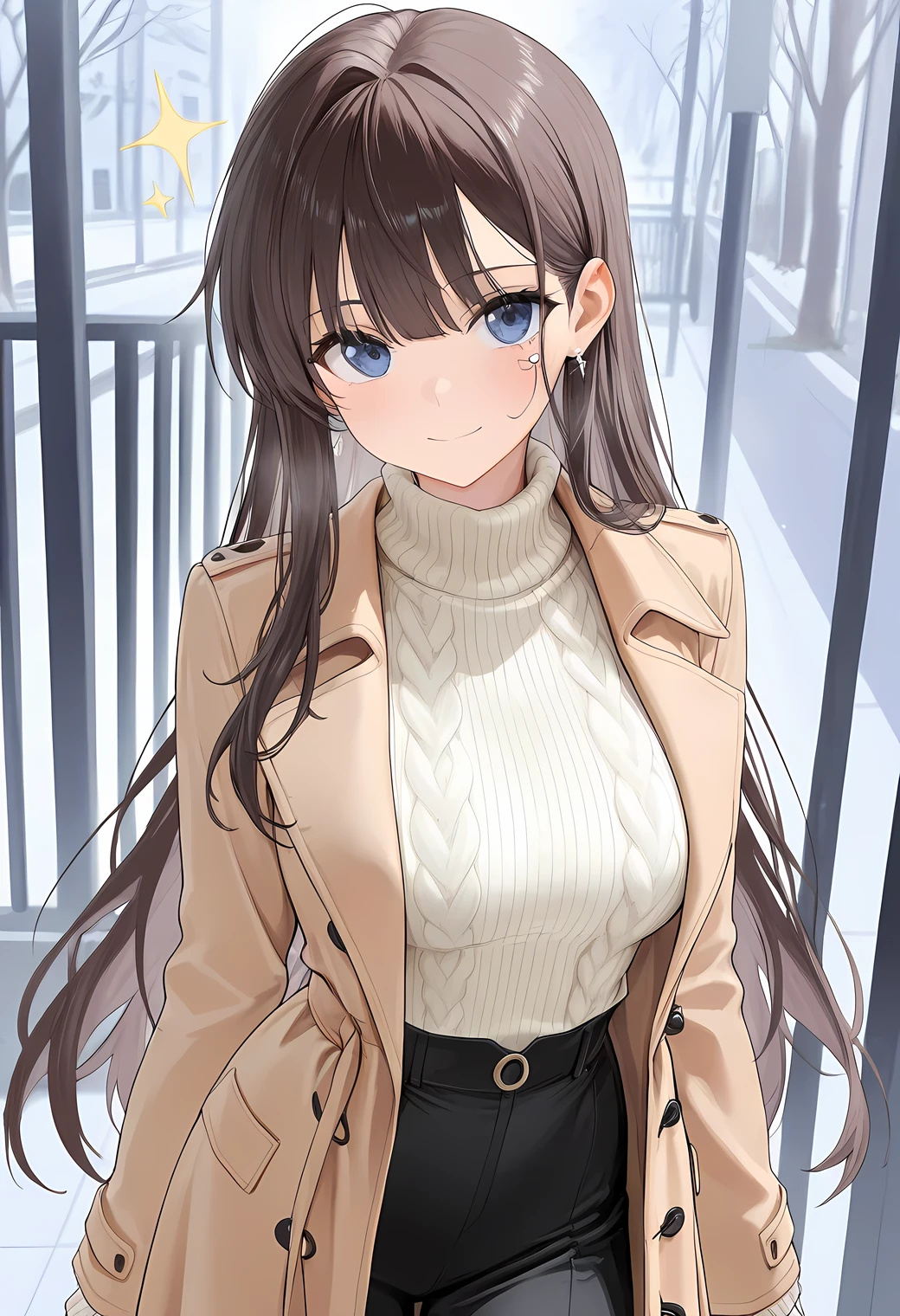(Trench coat), outerwear, spring coat, long sleeves, long coat, long length, off-white color Wearing a knitted sweater as an inner layer, brown hair, hair behind ear, ribbon, anime, sparkle, ((masterpiece)), UHD, (textured skin), accurate, ((super detail)), high quality, ((best quality))
