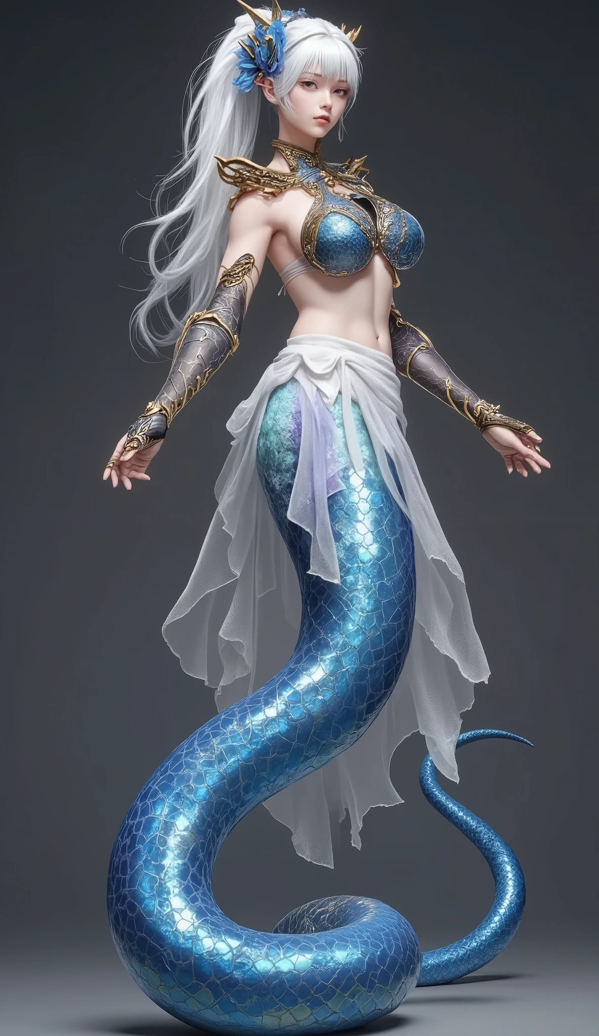 Snake Woman.a female character with a serpent-like lower body.Her upper body is human, but her lower body is serpent-like.A stunning Lamia with a slender, long snake tail , the body of a graceful, beautiful elf girl. She has long, flowing hair and exquisite, radiant eyes that captivate with their depth. Her delicate face is framed by smooth, luminous skin, gleaming softly under a magical glow. Her hands are finely detailed, each finger perfectly shaped with remarkable realism. The snake scales on her tail shimmer with a glittering, iridescent sheen, adding a mystical allure. High resolution, fine detailing, lifelike , and transparent elements add to the fantasy atmosphere. Full-body shot, captured in vivid detail, showcasing every curve and intricate feature with ethereal elegance.
