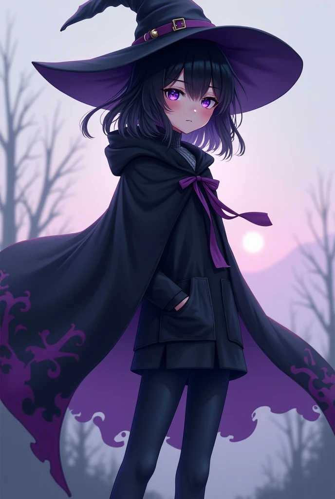A girl smiling under the cherry blossom tree、Woman wearing a large black witch hat with sapphire accessories、is wearing a black coat、She is wearing a white dress with a navy blue ribbon on the inside.、black stockings、Black sneakers with white shoelaces、