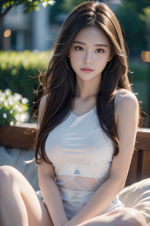 the prettiest face of a 17 year old actress, perfect proportions of female body, tight t-shirt is on large breasts without bra, vagina, opened legs of female, naked lower body of female, pubic hair of female, on the chair, at street, nsfw, best quality, highly detailed, masterpiece, ultra high res, photo realistic, 8k
