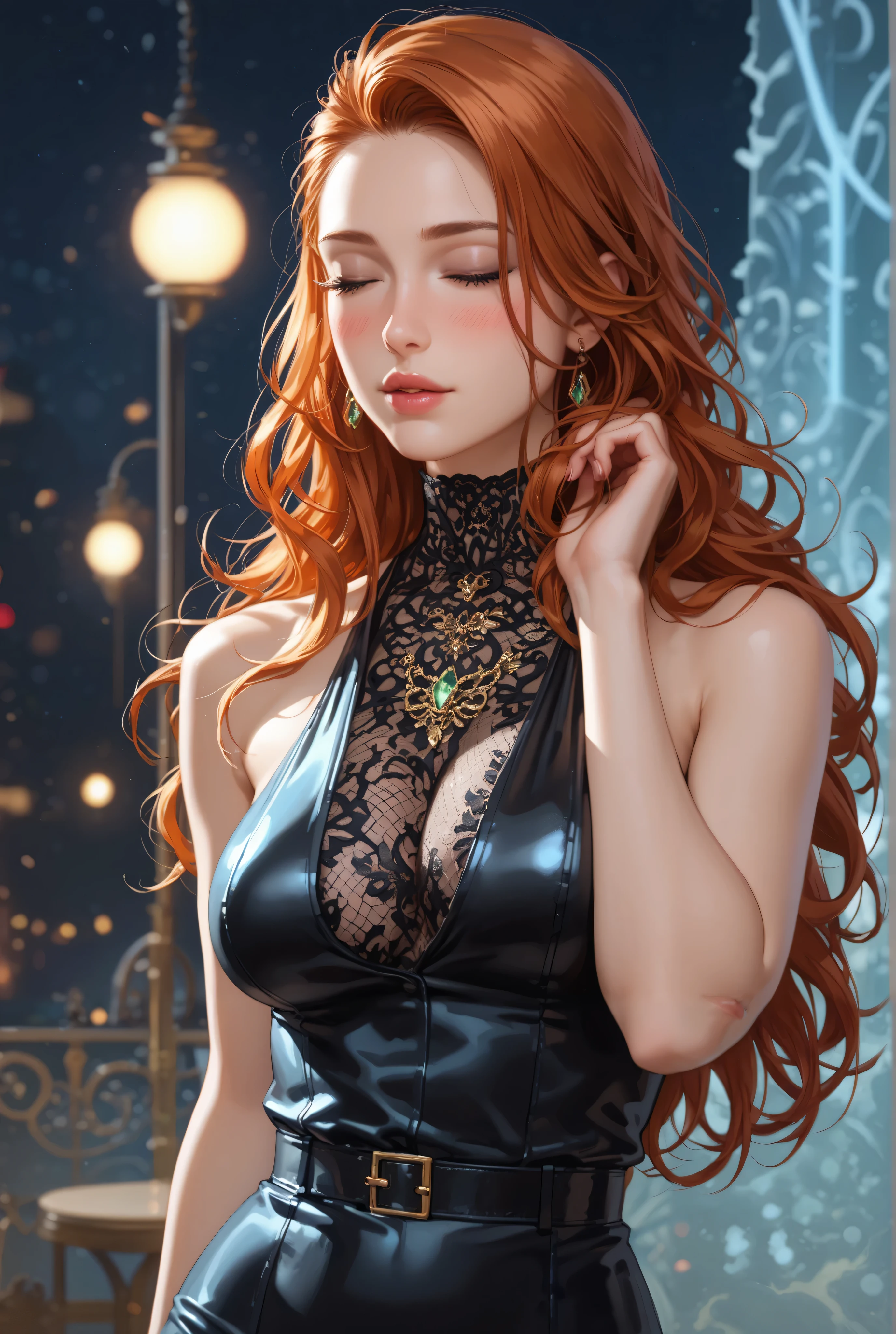 full body image,woman wearing a tight black dress that embraces her body like a second skin , emphasizing her curves and her long slender legs . The dress is cut low at the front , showing off a good amount of skin and her delicate collarbone . It's also short enough to show a glimpse of her thighs when she moves . Her long red hair is loose around her shoulders , falling in soft waves up to your waist . She wears high black heels that accentuate her legs even more and make her walk even sexier. Her makeup is subtle , but enough to highlight her penetrating green eyes and full lips . alone, 1 person, (masterpiece: 1.3), ( Maximum Resolution : 1.2), (highly detailed eyes, eyes closed), strongly taned skin tone, deeply taned skin, very taned skin, well-defined symmetrical facial features, symmetrical face, ( glowing skin:1), Cinematic light , 8k resolution, facial details, (sharp focus: 1.2), (best quality , 8k, highres icon, incredible quality, very aesthetic,absurdres,newest), ultra-detailed, realistic, photorealistic, (photorealistic:1.4), HDR, Ultra HD, (((studio lighting at night))), ultra-fine painting, (sharp focus:1.2), physics-based rendering, description with extreme details, vivid colors, bokeh effect, Professional(Focus on the pubis:1.5), anatomically correct, milf body, (green eyes, ginger hair), (mature girl), beautiful face, highly detailed face and skin texture, thin eyebrows, glowing skin, shiny lips, fit body, (medium breasts), very blushing, (Blush:1.5), red cheekbones, (firmly defined thin body), slim hips, thin hips, thin waist, slim waist, perfect style, Tall and slender figure shaped like an hourglass, Long, fiery red hair,
Penetrating green eyes, (Full, luscious lips), Porcelain-perfect skin, wears professional and elegant business attire that accentuates her figure.