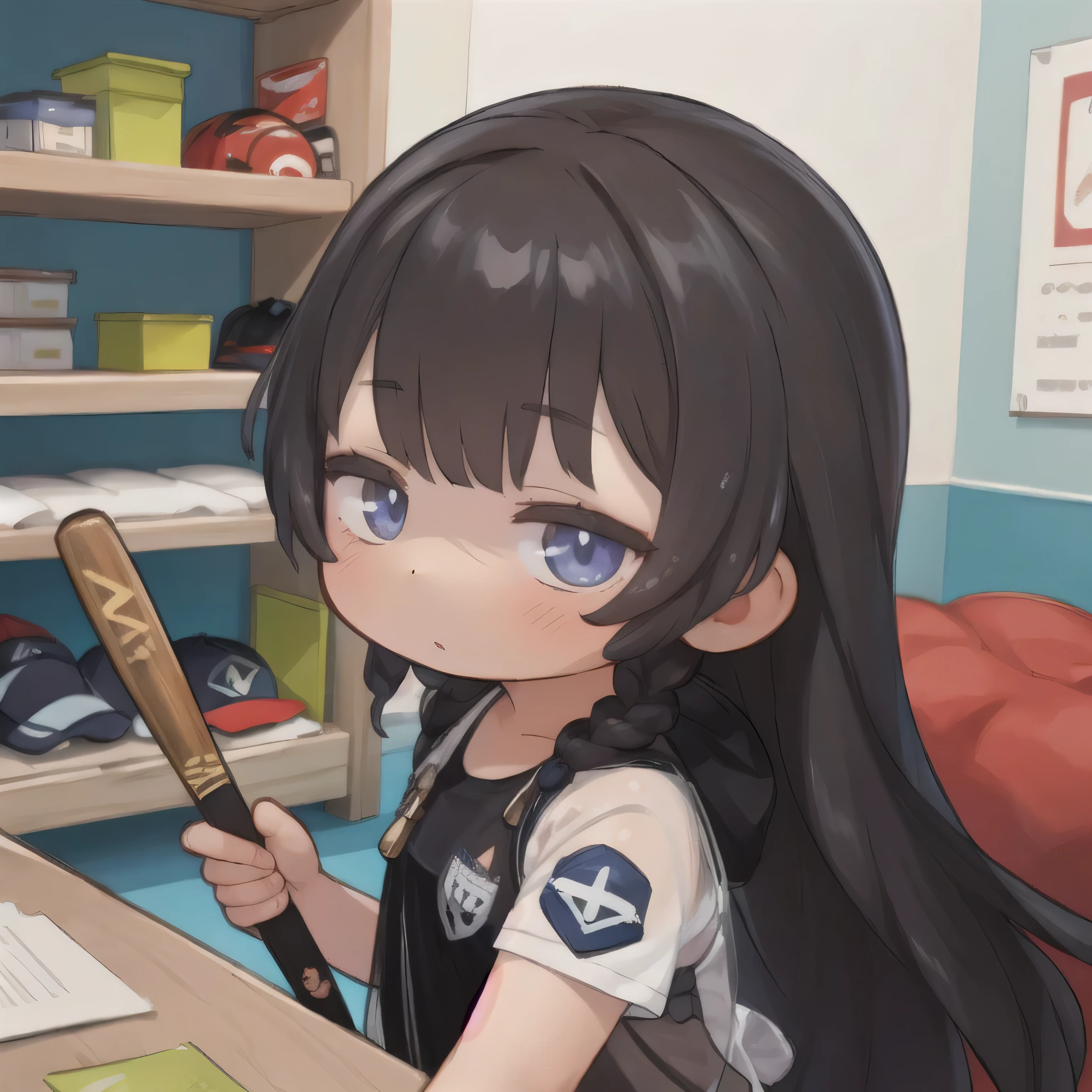  dark hair、 with long hair 、see-through bangs、Girl with half-open eyes 、 has a baseball bat