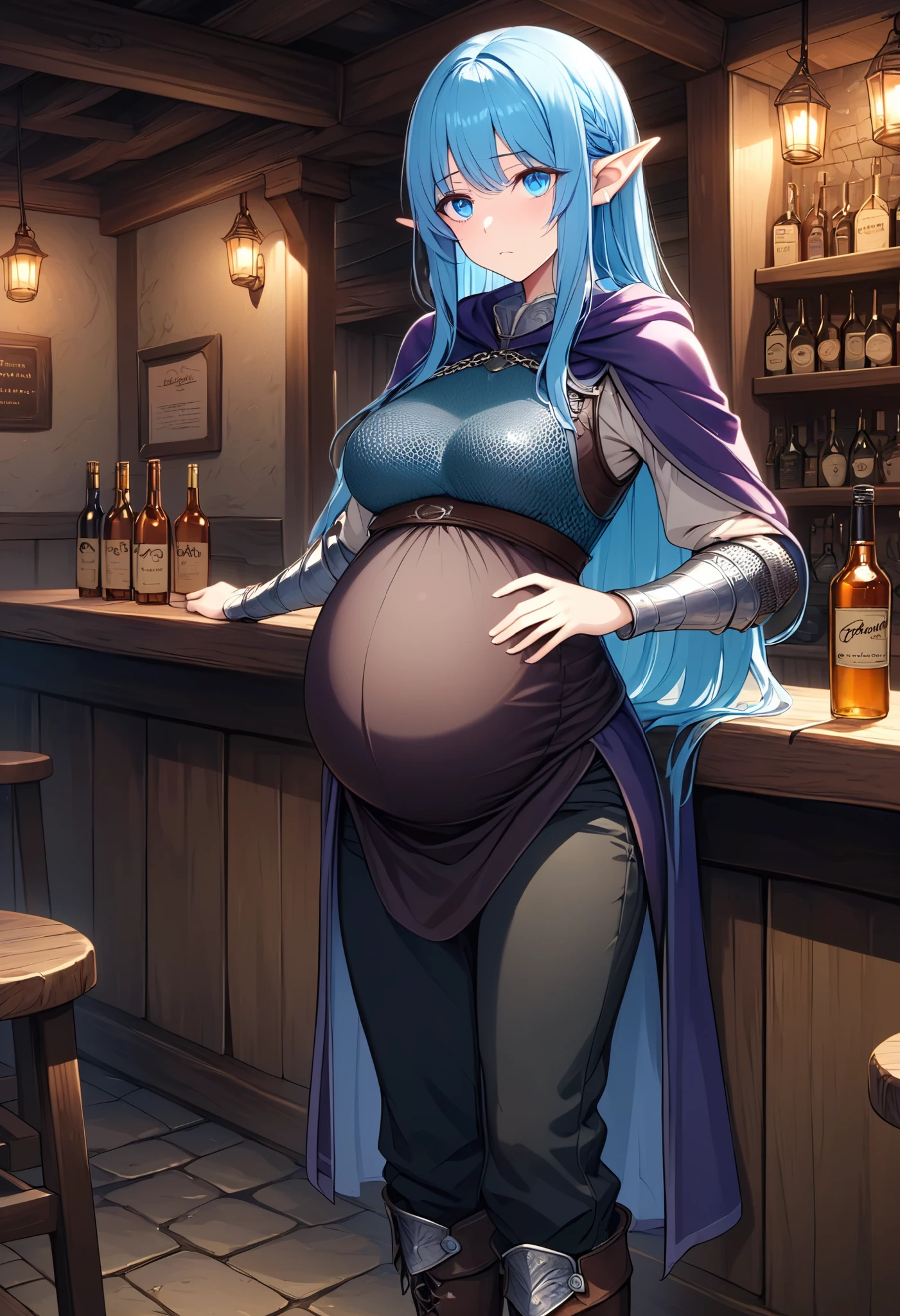 High Resolution, Masterpiece, 4K, tavern interior, night, 1girl, blue hair, long straight hair, medium breasts, blue eyes, half elf ears, chainmail vest, cyan tunic, purple cloak, black pants, wrapped boots, standing by counter, uncomfortable expression, pregnant