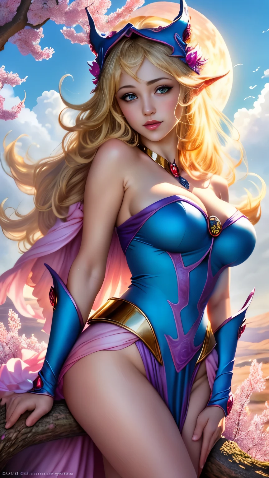 Dark magician gils ((mejor calidad)), ((obra maestra)), (detallada), rubia, smal boobs, smal boobs, seductive succubus, Ethereal Beauty, Perched on a pink-flowered tree, (Fantasy Illustration: 1.3), mirada encantadora, cautivadora pose, chica dark magician gils sola, delicadas alas de mariposa, encanto de otro mundo, mystical sky, (Luis Royo:1.2), (Yoshitaka Amano:1.1), Moonlit morning, colores suaves, (nubes detalladas:1.3), (high resolusion:1.2) ( dragon flying in the sky) vestido, piernas colgando sobre el estanque, Diosa griega, realista, realismo, cuerpo sexy, desert scenery