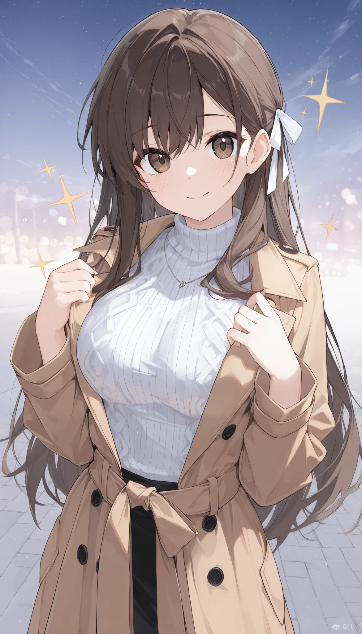(Trench coat), outerwear, spring coat, long sleeves, long coat, long length, off-white color Wearing a knitted sweater as an inner layer, brown hair, hair behind ear, ribbon, anime, sparkle, ((masterpiece)), UHD, (textured skin), accurate, ((super detail)), high quality, ((best quality))