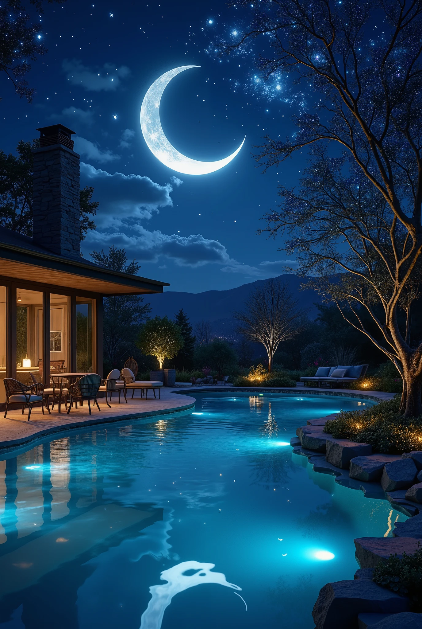 ultra detailed, absolutely resolution, masterpiece.
A beautiful large crescent moon at night, by the pool in my backyard, with firefly-like light reflecting off a prism and shining on the water.
various iridescent fluffy foggy glitter effects