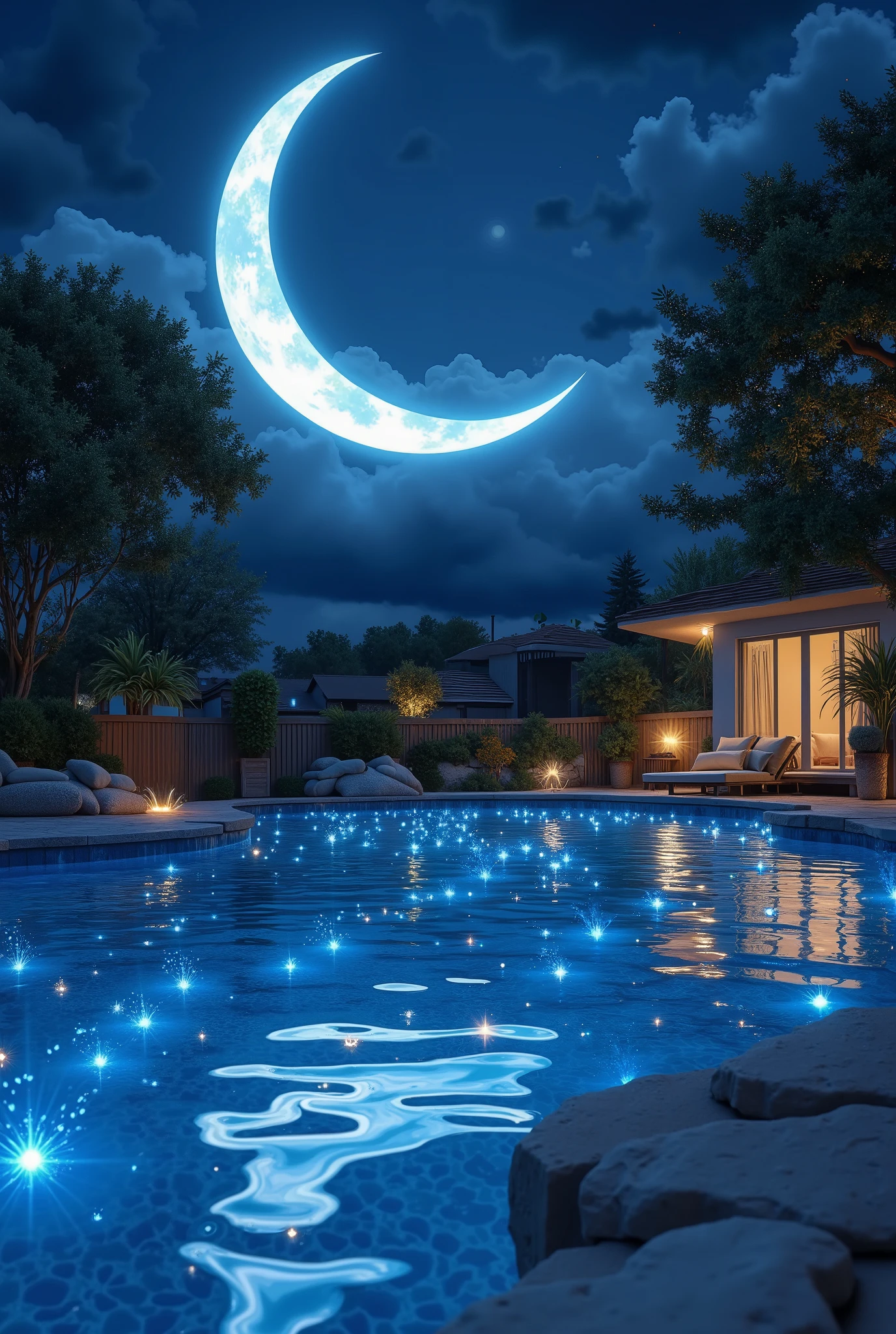 ultra detailed, absolutely resolution, masterpiece.
A beautiful large crescent moon at night, by the pool in my backyard, with firefly-like light reflecting off a prism and shining on the water.
various iridescent fluffy foggy glitter effects