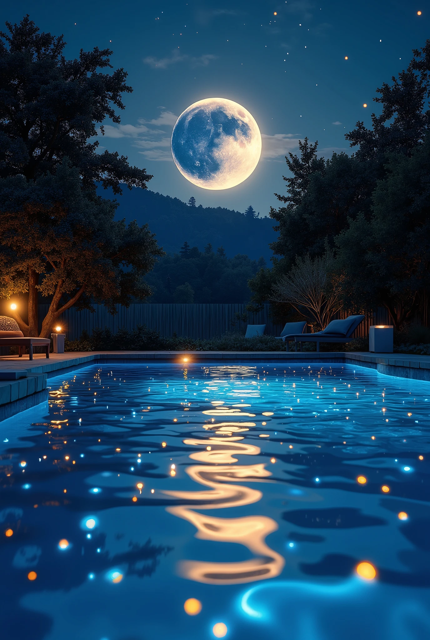 ultra detailed, absolutely resolution, masterpiece.
A beautiful large crescent moon at night, by the pool in my backyard, with firefly-like light reflecting off a prism and shining on the water.
various iridescent fluffy foggy glitter effects