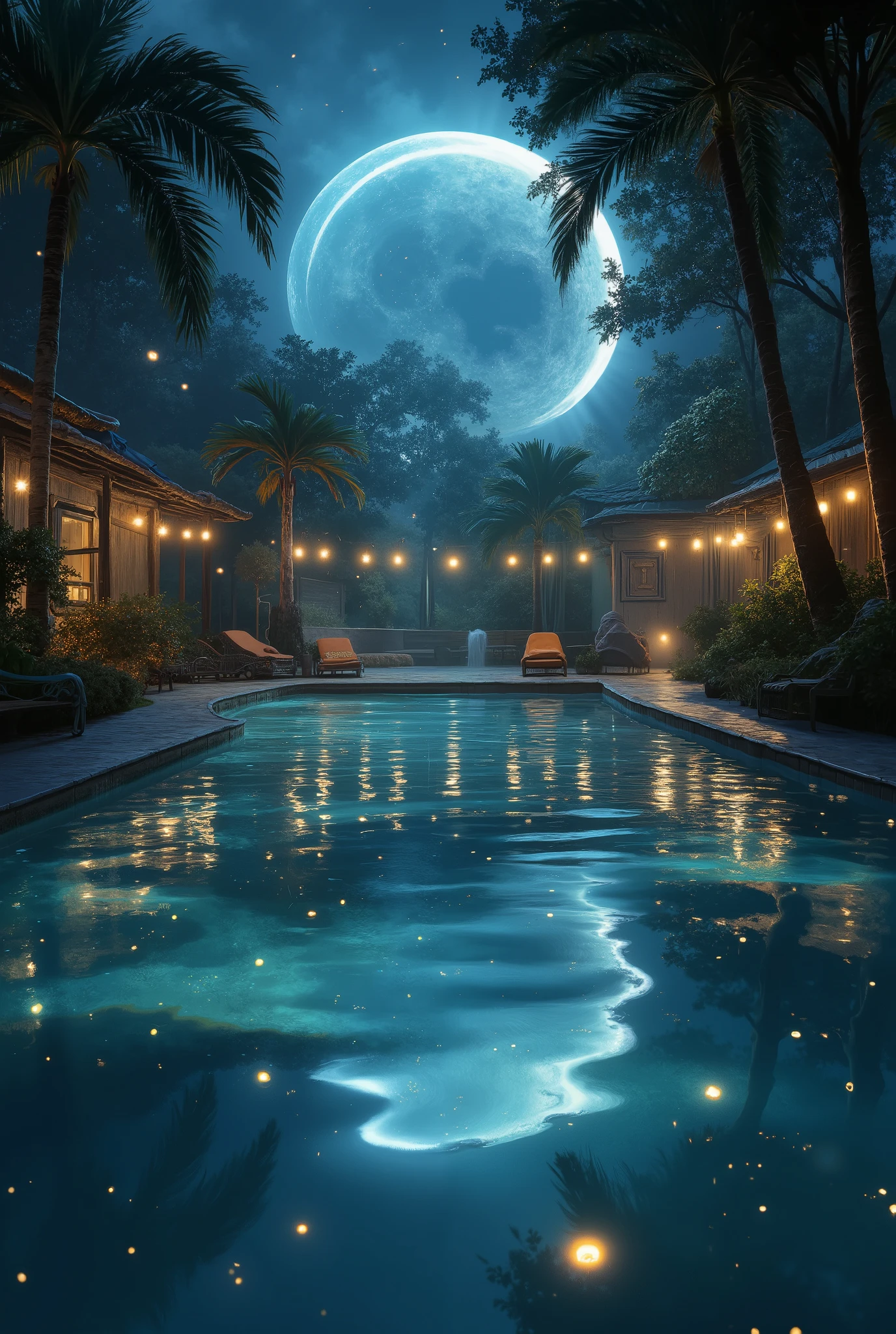ultra detailed, absolutely resolution, masterpiece.
A beautiful large crescent moon at night, by the pool in my backyard, with firefly-like light reflecting off a prism and shining on the water.
various iridescent fluffy foggy glitter effects