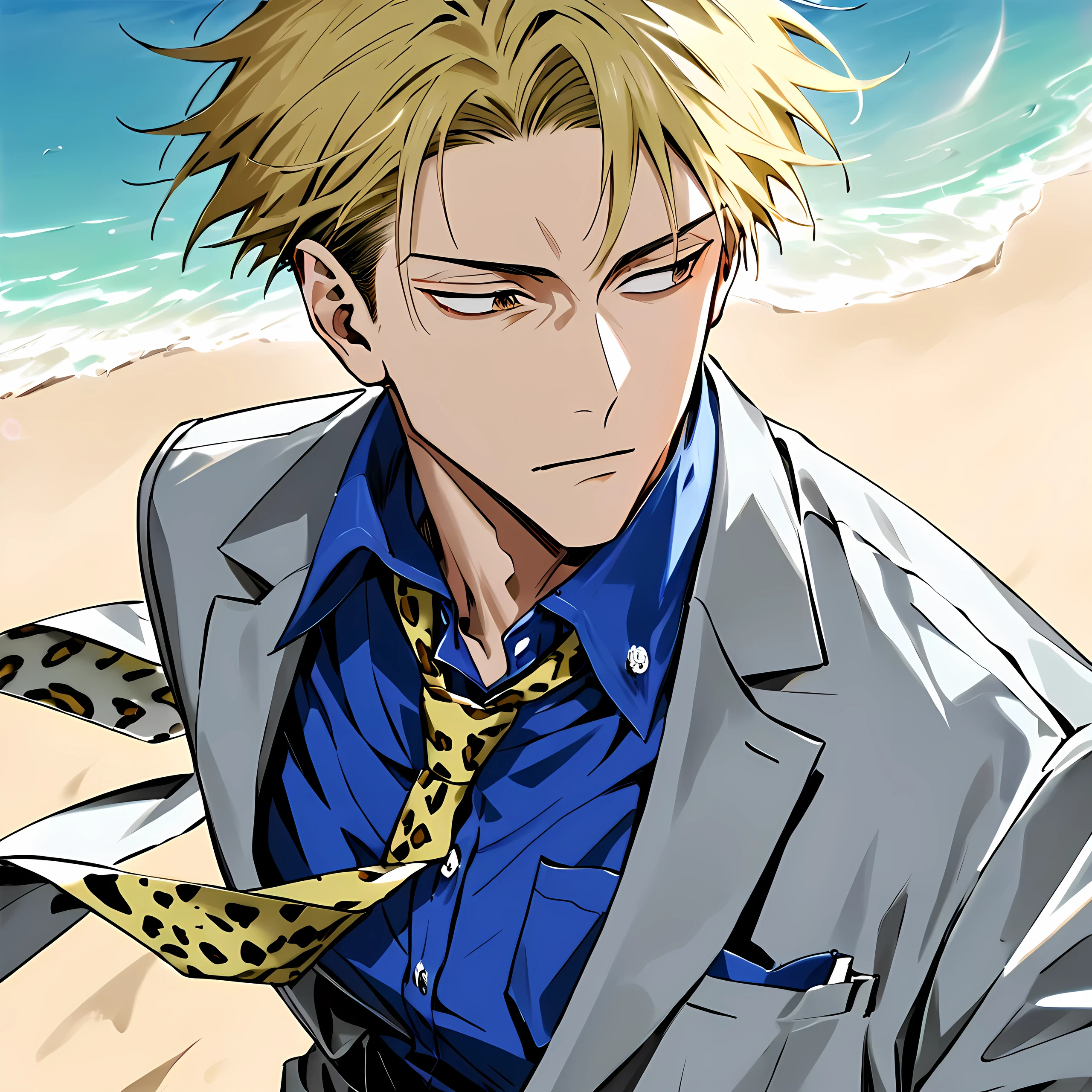 safe_pos, score_9, score_8_up, score_7_up, score_6_up, 1man, male focus, adult, solo, handsome, toned body, tall, sharp jawline, KentoNanami \(Jujutsu Kaisen)\, blonde hair, short hair, grey jacket, yellow necktie, leopard print, blue shirt, collared shirt, grey pants, brown eyes, looking away, close-up, above view, wind blowing clothes, beach background, lens flare, dim lighting, detailed, high quality:1.3