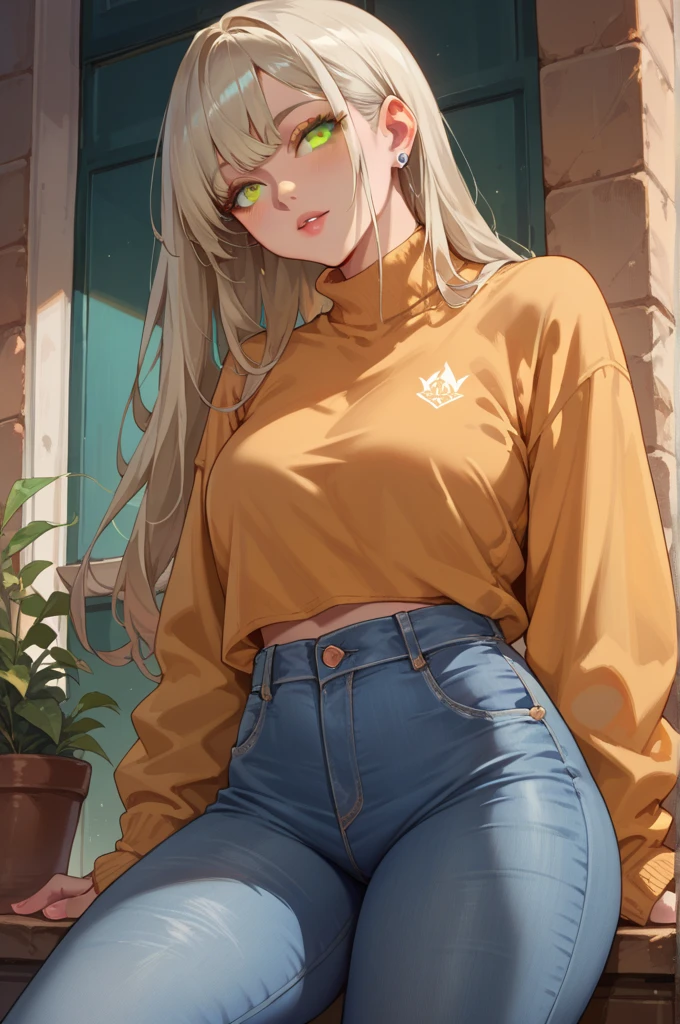 best quality, masterpiece, small breasts, smile, sweatshirt, leggings, outdoors, alone, anime style, grass field, daytime, blue sky, blue eyes, detailed eyes, medium hair, blonde hair, loose hair, bangs, ass,