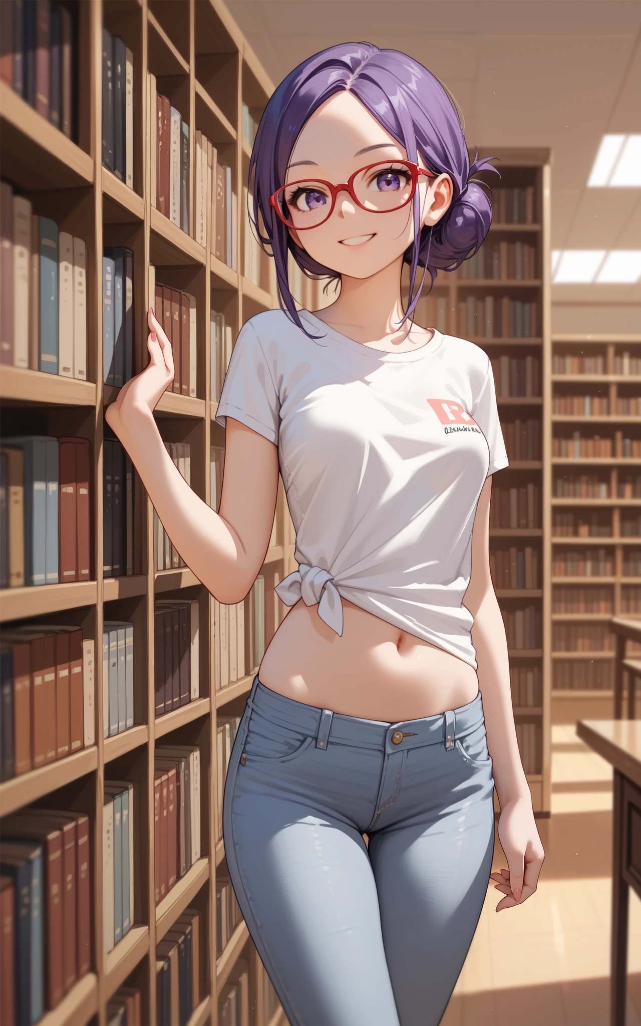 masterpiece, best quality, 1girl, solo, TwilightHuman, ponytail, purple eyes, glasses, pale skin, medium breasts, naked body, nude, completely nude, standing frontally to the viewer, pov, looking at viewer, expressionless, indoors, library, detailed hands, five fingers, female genitals