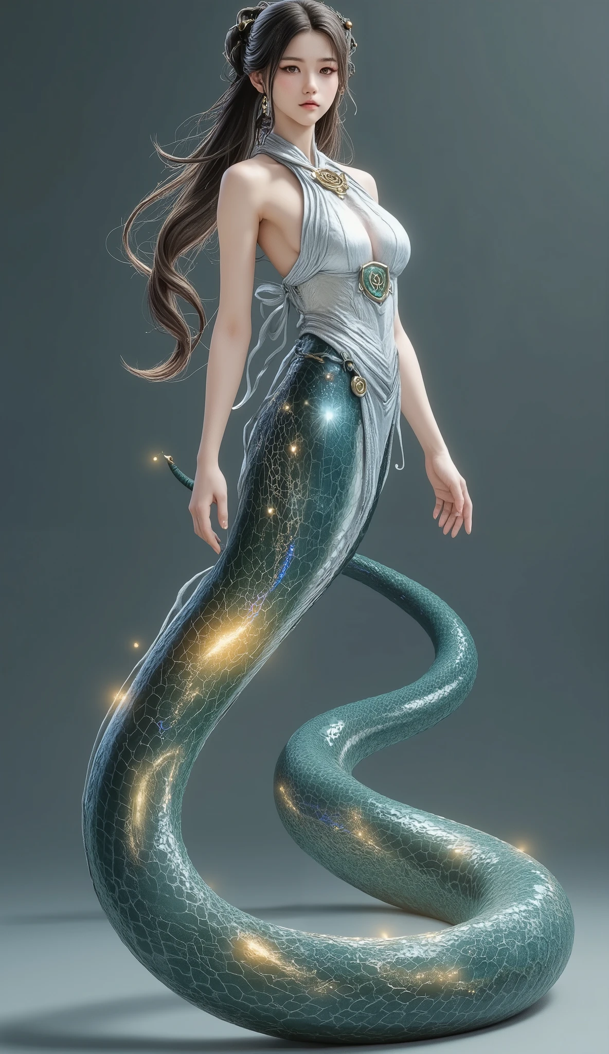Snake Woman.a female character with a serpent-like lower body.Her upper body is human, but her lower body is serpent-like.A stunning Lamia with a slender, long snake tail , the body of a graceful, beautiful elf girl. She has long, flowing hair and exquisite, radiant eyes that captivate with their depth. Her delicate face is framed by smooth, luminous skin, gleaming softly under a magical glow. Her hands are finely detailed, each finger perfectly shaped with remarkable realism. The snake scales on her tail shimmer with a glittering, iridescent sheen, adding a mystical allure. High resolution, fine detailing, lifelike , and transparent elements add to the fantasy atmosphere. Full-body shot, captured in vivid detail, showcasing every curve and intricate feature with ethereal elegance.