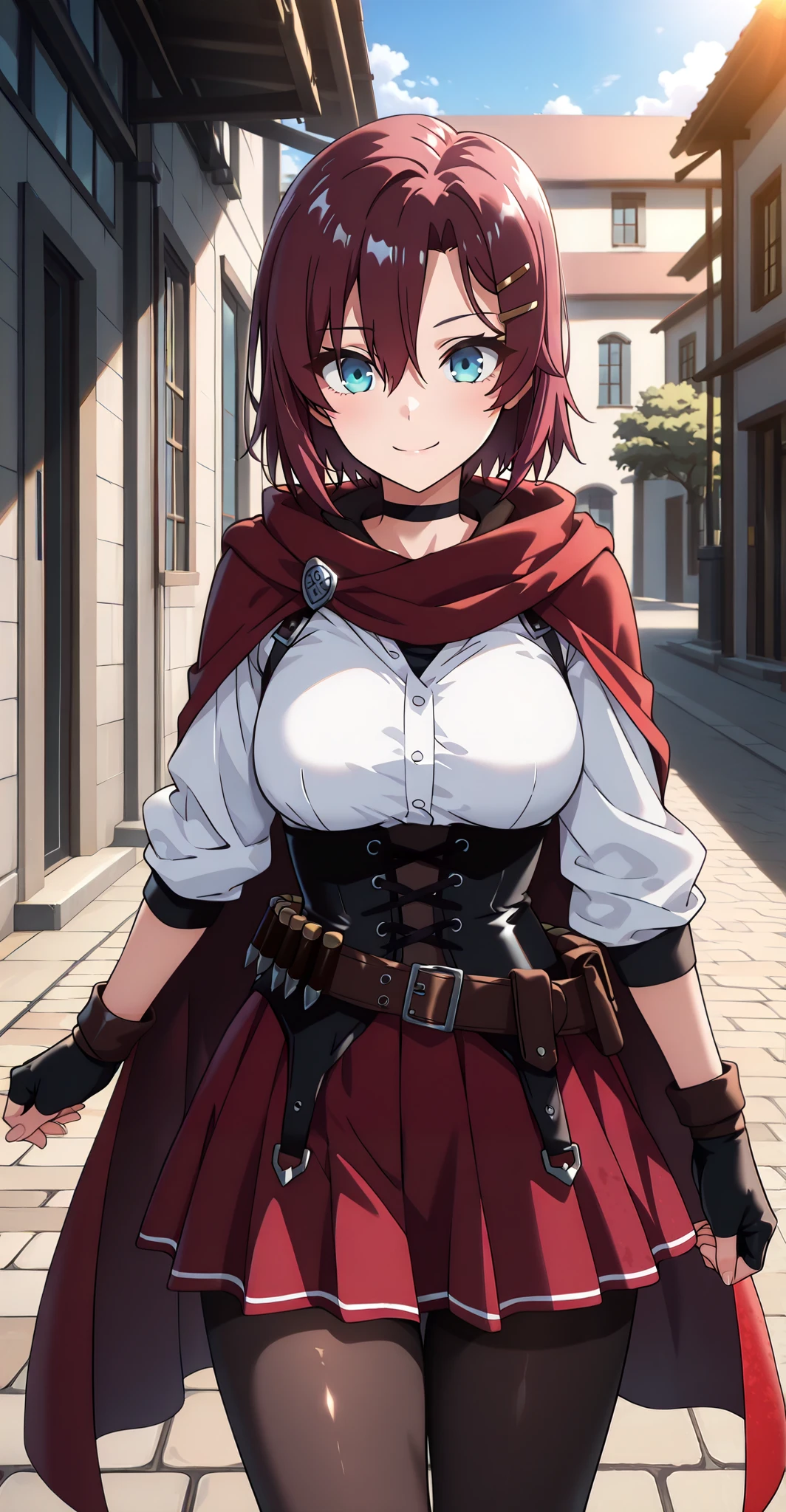masterpiece, best quality, amazing quality, very aesthetic, absurdres, newest, scenery,highly detailed,high-resolution, {{Increase saturation:1.2、Highly colored}} looking at viewer,smile, solo, AkaneNanao,1girl,red hair,short hair,hairclip,blue eyes, Medium breasts,
Vol7Huntress, parted bangs, choker, red skirt, pantyhose, cape, black corset, undershirt, fingerless gloves, bandolier
