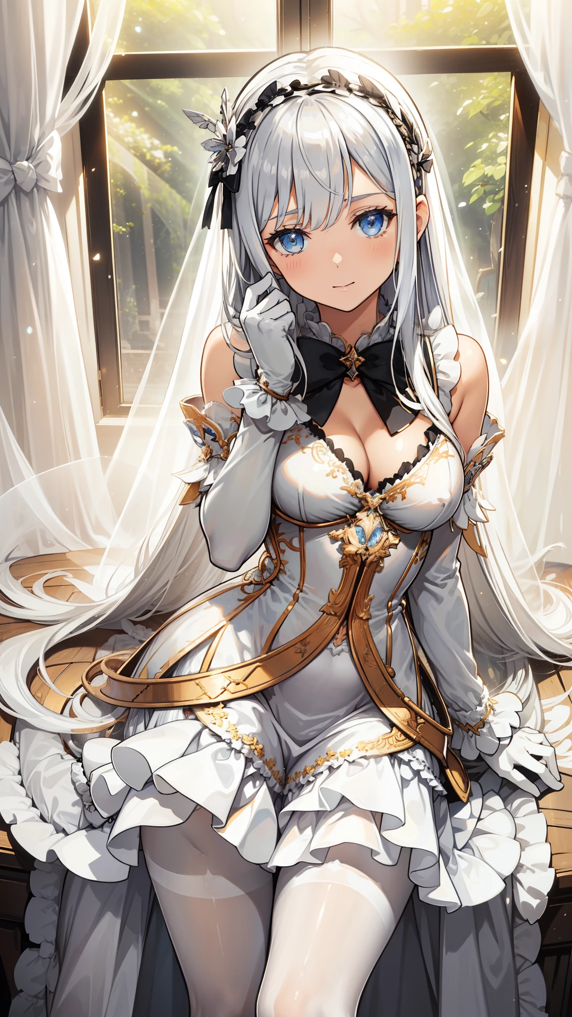 shakes ,Attractions, Have Fun ,in love,(Girl in a white modern shirt 、 tunic and pantyhose:1.2),( white ruffle bow gloves ), silver hair , golden eyes,Sacred headdress, transparent lace ,gorgeous dress , alone,European bedroom,(night:1.1),Delicate and beautiful face ,
