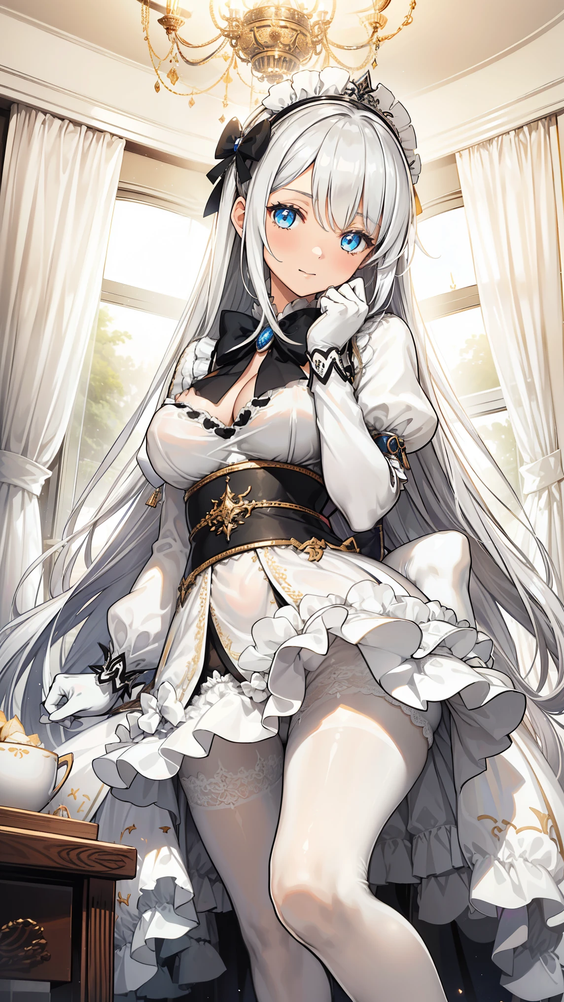 Lazy wind，wide blue eyes，White hair，Dull hair，Beast-eared maiden，White tones，sitted，1girll，Solo，adolable，white dresses，Big hazy eyes，Facial details are exquisite，Beth，onbed，Impeccable，Cute pose，Plush cat's paw gloves，Shy laugh，The complexion is reddish，White stockings