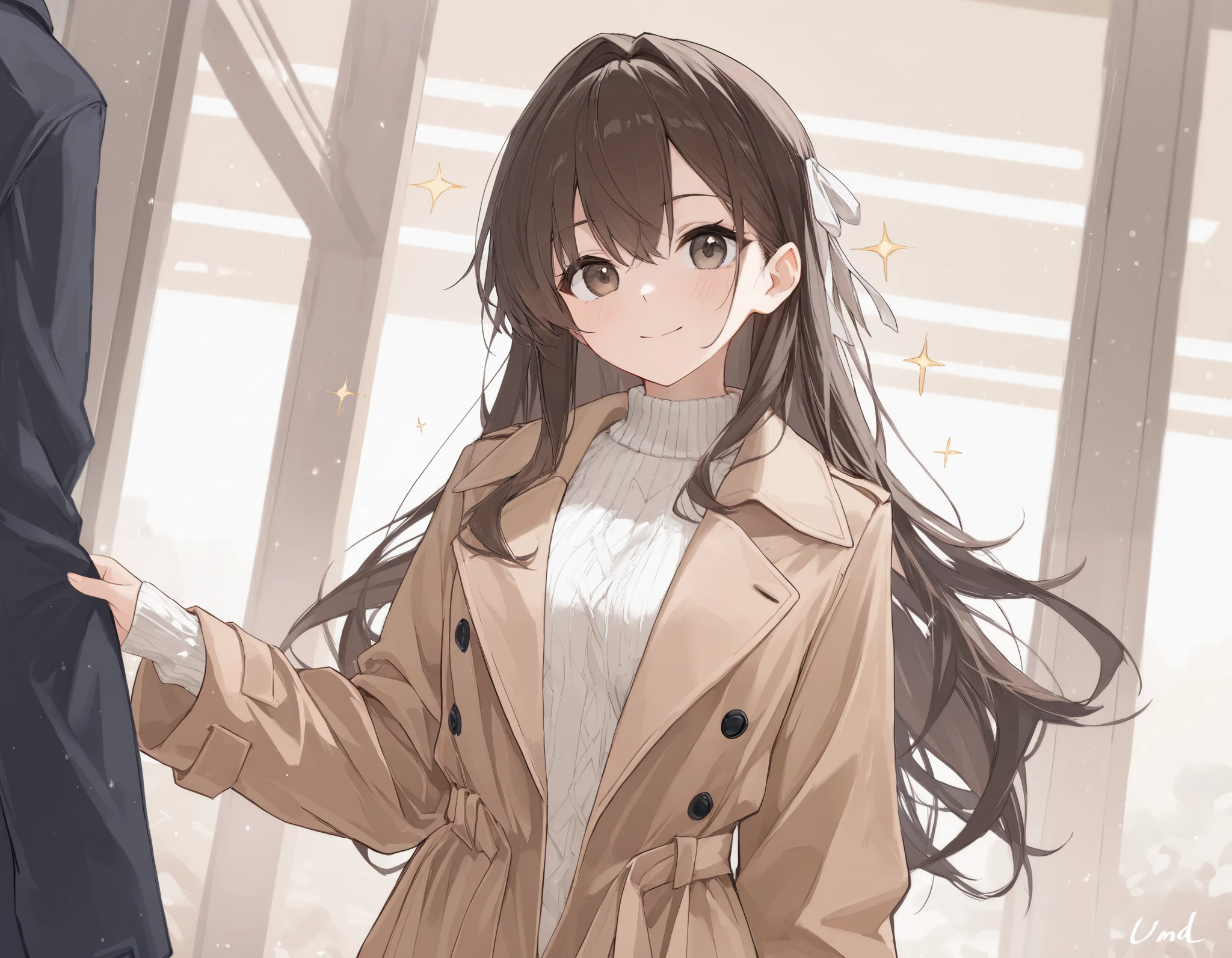 (Trench coat), outerwear, spring coat, long sleeves, long coat, long length, off-white color Wearing a knitted sweater as an inner layer, brown hair, hair behind ear, ribbon, anime, sparkle, ((masterpiece)), UHD, (textured skin), accurate, ((super detail)), high quality, ((best quality))
