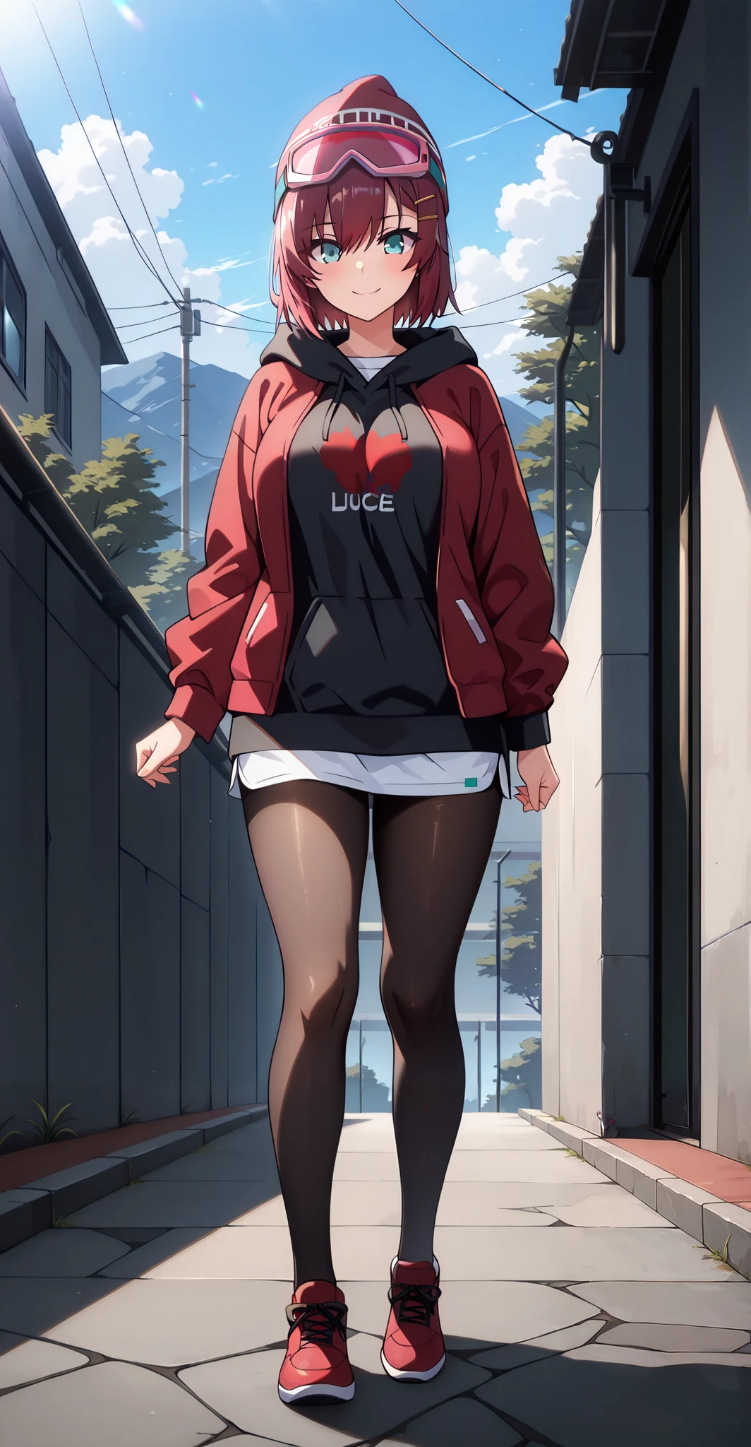 masterpiece, best quality, amazing quality, very aesthetic, absurdres, newest, scenery,highly detailed,high-resolution, {{Increase saturation:1.2、Highly colored}} looking at viewer,smile, solo, AkaneNanao,1girl,red hair,short hair,hairclip,blue eyes, Medium breasts,
LucidDreamOutfit, goggles, black hoodie, white shirt, red jacket, hat, pantyhose, beanie, long sleeves, red shoes