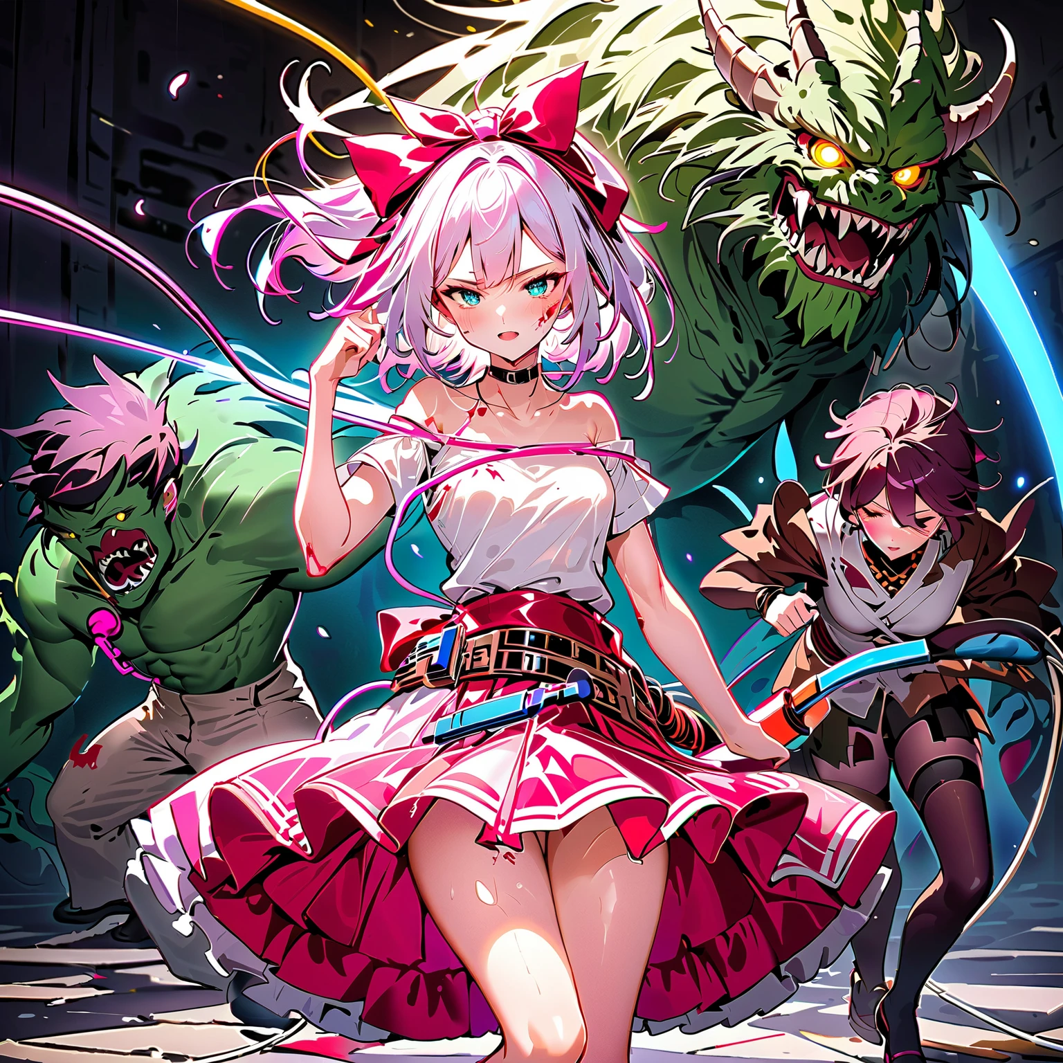 masterpiece, (((goblinriding, a goblin is riding a girl))), goblin, mutiple goblins, goblins, (((all fours))), 1girl, (magical girl:1.1), (nose hook), reins, collar, chain, rope, obey, happy trance, smile, hair ornaments, small breast, expressionless, emotionless, blank eyes, empty eyes, mind control, apocalyptic background, hooded cloak,bodystocking,pink miniskirt,gloves,long boots, tamaki_iroha_puellamagimadokamagicasidestorymagiarecord, pink_hair, pink_eyes, bangs, blunt_bangs, braid, sidelocks, blush, bow, long_hair, Tamaki Iroha, monster, glowing eyes, horror