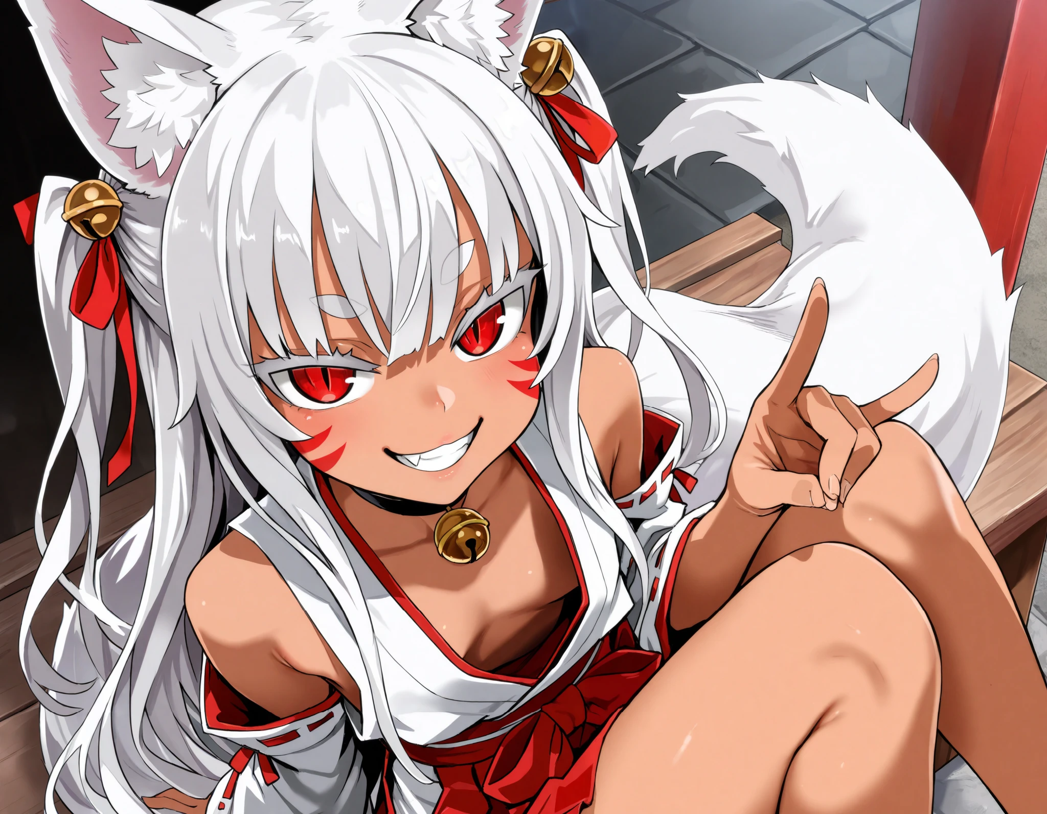 (best quality, highest quality:1.2), masterpiece, Ultra-high resolution, rich contrasts, HD, 8k, fine skin, no makeup, ideal ratio body proportions,
1girl, anime girls, asanagi style, mesugaki, dark skin, tan, red eye, slit pupils, ((white fox ear, white fox tails)), Wicked Smile, evil grin, fang,
very long two side up, white Hair, thick eyebrows, red highlights hair, Hair ribbon bell, bell choker, bimbo, ((dim body)), flat_chest, (facial mark), (Corona Hand Gesture),
nontraditional miko, bare shoulders, miko, red obi sash, red short skirt, skirt cutout, shirt in, downblouse,
looking at viewer, lewd, cute, big eyes, ero, ecchi, Sitting with Knees Up,
Score_9,Score_8,score_7_up,source_anime, rating_questionable, shrine,