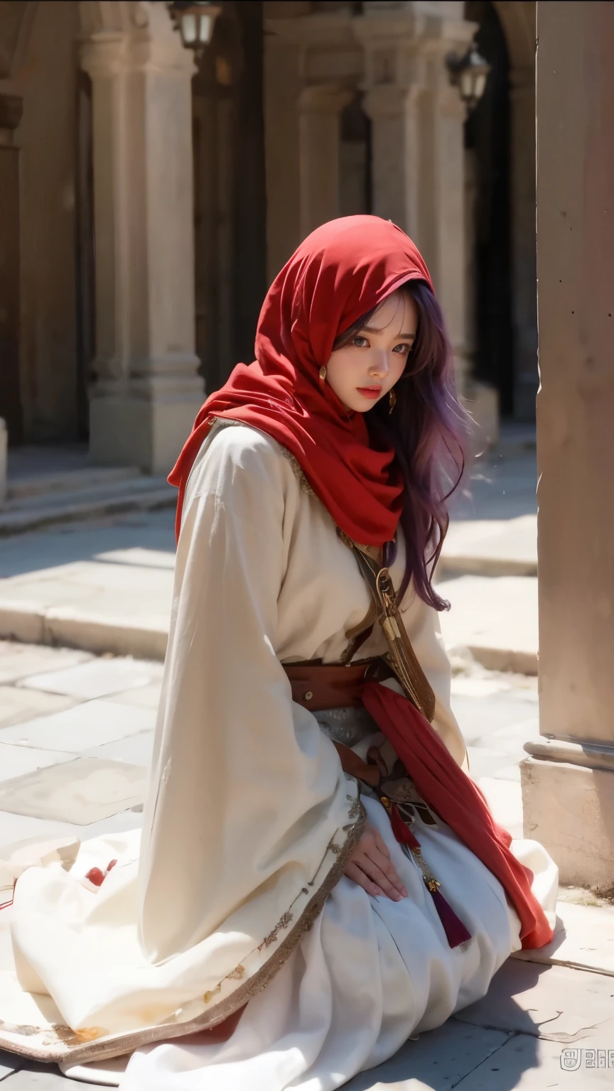 ( distressed face) . naked clear coat.dq pom , Long Curry . purple hair, earrings.、 top quality , bangs , Little head on the street :1.3 Ultra Realistic :1.2 , Masterpiece, top quality , More details, Realistic Lighting .A Broader Perspective. Stone construction、 fantasy . Outdoors