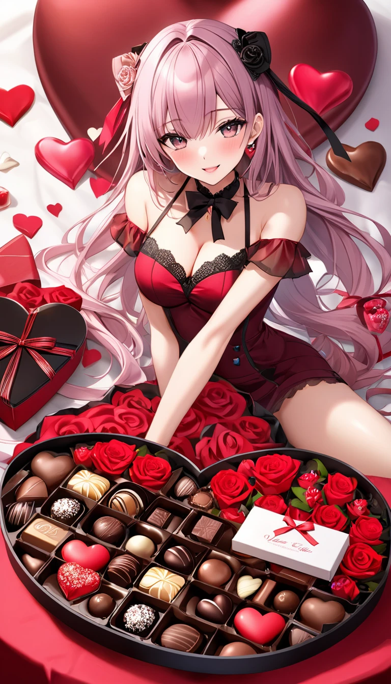 (bulma from dragon Ball), valentine, tied in red ribbon, holding chocolate, on bed, ((melting chocolates on breast)