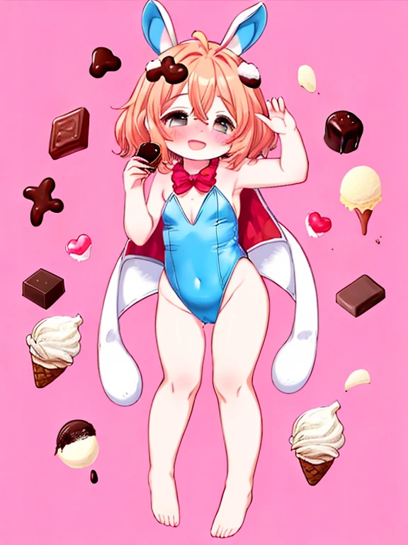 1 rabbit slime anthro girl, deep brown skin, black skin, brown hair, brown slime, smiling, medium breasts, chocolate eggs, coverd in slime, sweaty, chibi