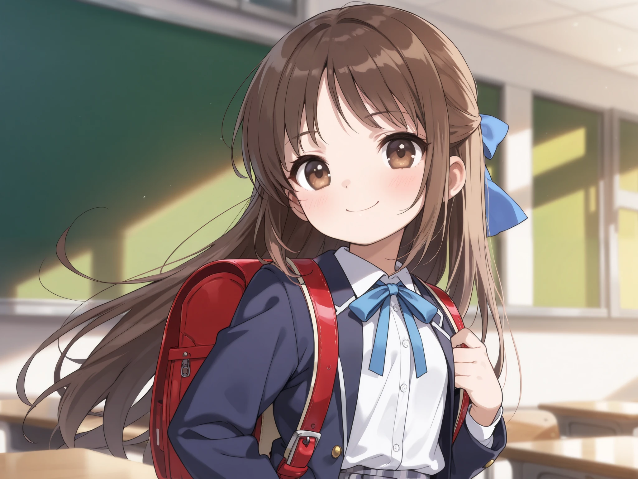 (Top Quality), (Very Aesthetic), (Super Detailed), (Best Illustration), , Solo Female, female , Girl, half updo, Blue Ribbon, Long Hair, Straight Hair, Sideburns, Center Parting, Brown Hair, Brown Eyes, Smiling, (flat breast), (school uniform, blazer, classic style with white shirt and plaid skirt, formal look), carrying randoseru backpack, Classroom Lessons