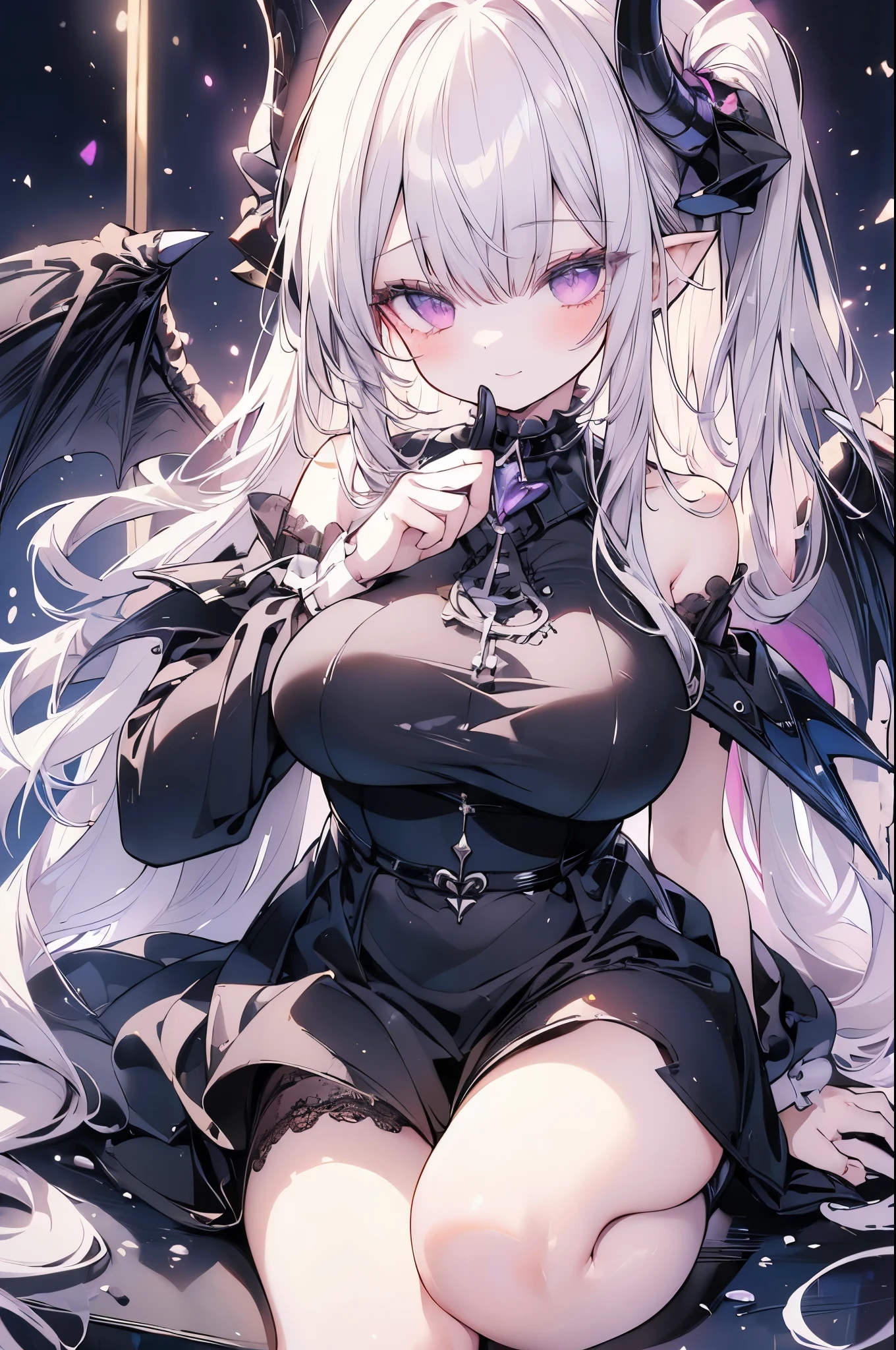 Creamy white hair,Deep purple pupils,A cute and seductive succubus girl