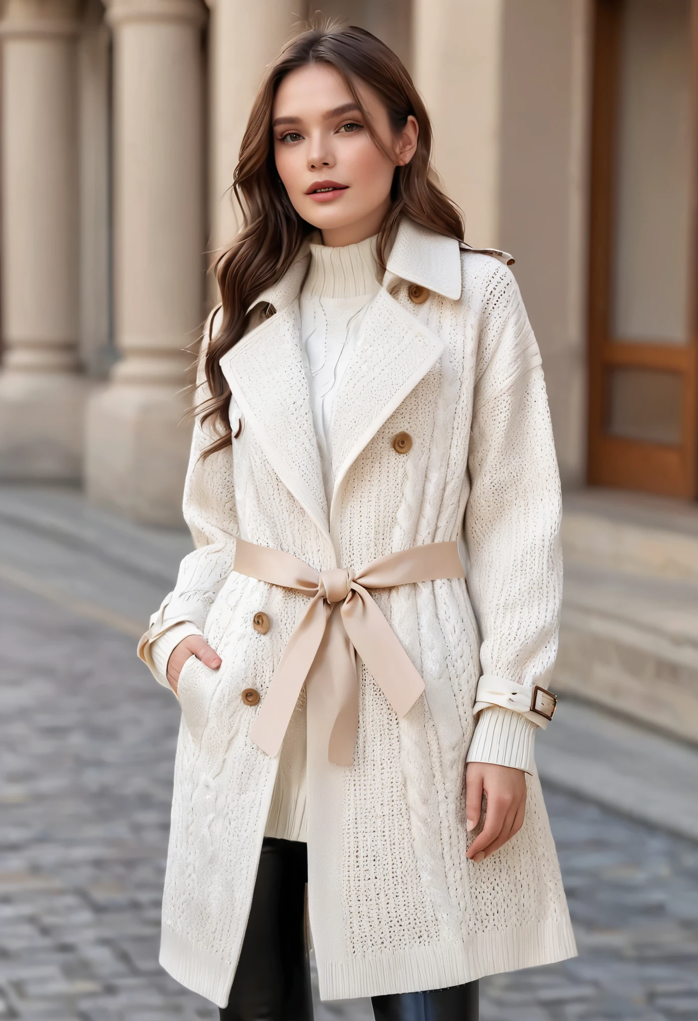 (Trench coat), outerwear, spring coat, long sleeves, long coat, long length, off-white color Wearing a knitted sweater as an inner layer, brown hair, hair behind ear, ribbon, sparkle, ((masterpiece)), UHD, (textured skin), accurate, ((super detail)), high quality, ((best quality))