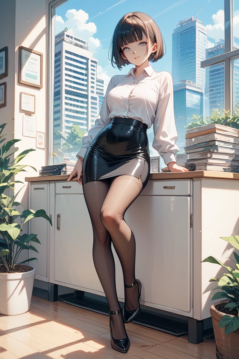 Japanese Office Women ,   short bob cut  ,  white shirt,  Leg Midi Tight Skirt , Natural Pantyhose,  full body
