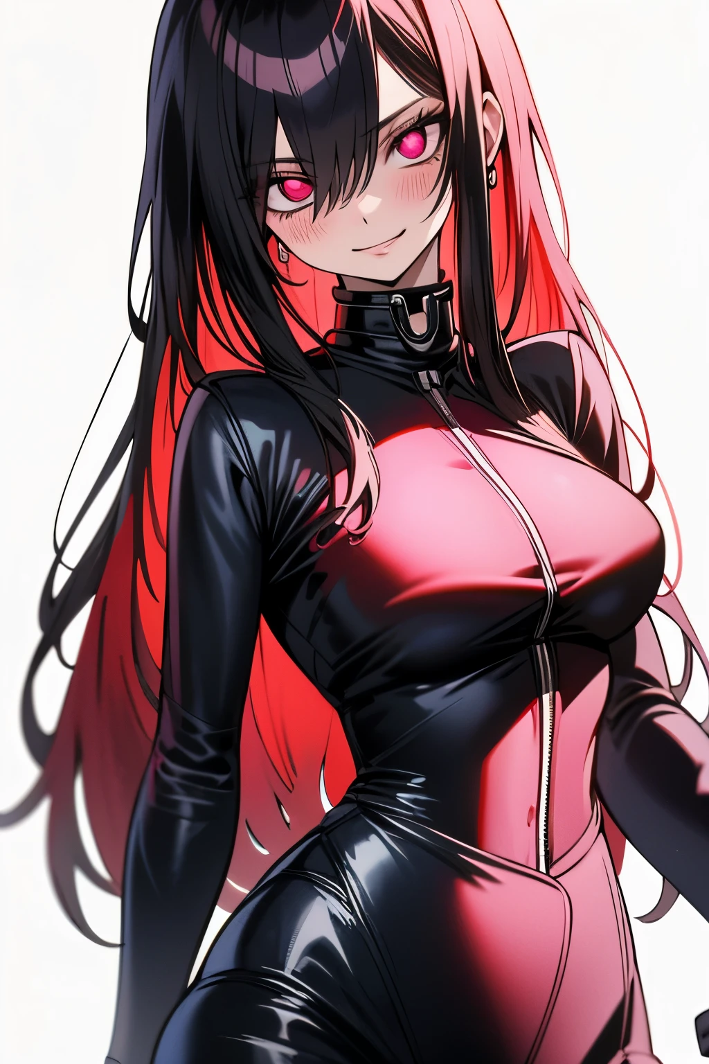 absurdres, highres, ultra detailed, Erza scarlet ,blush, seductive, hypnotic eyes, mind control, brainwash , solo , tight black latex bodysuit , medium chest, looking at viewer, voluptuous body, standing at attention