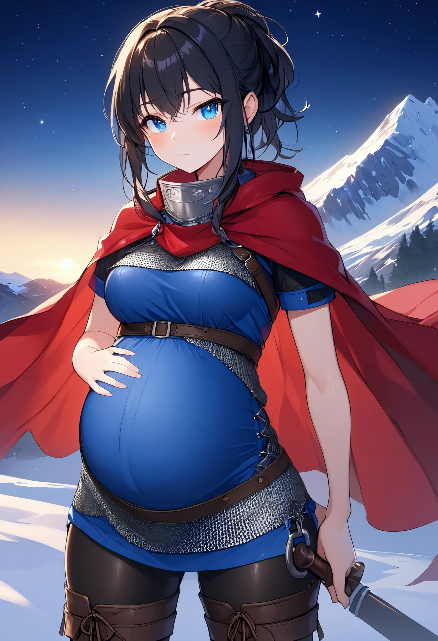 High Resolution, Masterpiece, 4K, mountain camp, (night), 1girl, black hair, tied hair, blue eyes, medium breasts, red cape, blue tunic, chainmail bikini, black leggings, leather boots, standing, arms behind back, looking at viewer, stoic expression, flirting, arms behind back, pregnant, zoom in