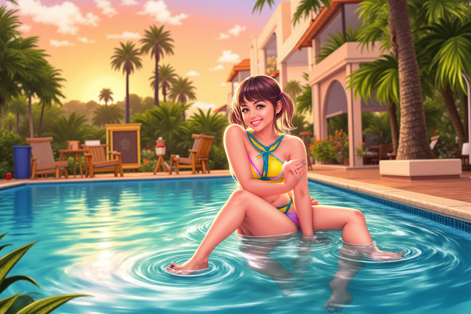 best quality,4k,8k,highres,masterpiece:1.2, ultra-detailed, realistic:1.37, vivid colors, bokeh, HDR, studio lighting, ultra-fine painting, sharp focus, physically-based rendering, extreme detail description, professional
a beautiful bimbo with stunning features and mesmerizing gaze is the life guard at a bustling public pool. Her long, flowing hair cascades down her sun-kissed shoulders. Her eyes sparkle with a mix of confidence and playfulness, reflecting the vibrant colors of the poolside. Her voluptuous lips slightly parted, as if ready to give friendly advice.
She wears a tiny, shimmering lifeguard outfit that accentuates her flawless curves. The fabric hugs her body, glistening under the sunlight, drawing attention from both boys and girls alike. The outfit highlights her beautifully sculpted legs, making them appear long and toned.
As she patrols around the pool area, her sultry walk catches everyone's eyes. Her graceful movements express both power and grace. The way she carries herself exudes confidence and allure.
The public pool is filled with laughter and excitement. Boys playfully clown around, doing silly antics to grab her attention, hoping to impress her with their tricks and humor. Their mischievous laughter echoes throughout the pool area.
Meanwhile, girls cast envious glances at her, admiring her beauty and secretly wishing they could be just as glamorous. Some whisper to their friends, expressing both awe and jealousy at the same time.
The poolside scene is brought to life with vivid colors. The water sparkles under the bright sunlight, reflecting a rainbow of hues. The surrounding environment is filled with cheerful splashes of red, yellow, and blue through the colorful beach umbrellas and pool toys. The vibrant atmosphere matches the vibrant energy of the people enjoying the pool.
The lighting is perfect, with the sunlight casting a warm glow over the entire pool area. The rays of light create beautiful reflections on the water's surface, givin