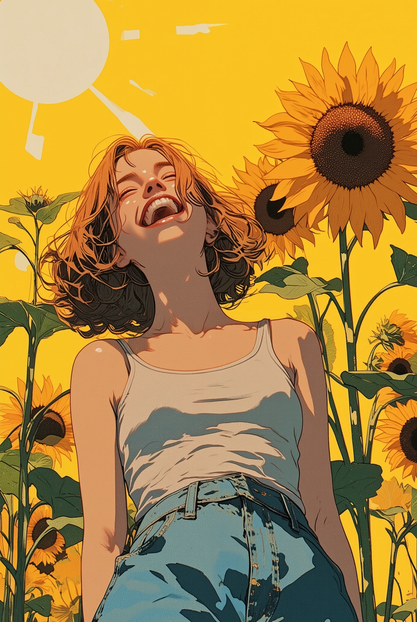 Woman Laughing Madly ,Backlit Sunlight ,sunflower, Pop Art painting , Pop Art , ( Collage ), added details, Close-up shot, a contemporary artistic Collage, graphic details, cut out Collage, details, Profile Artwork , digital Collage,teeth, jeans ,
