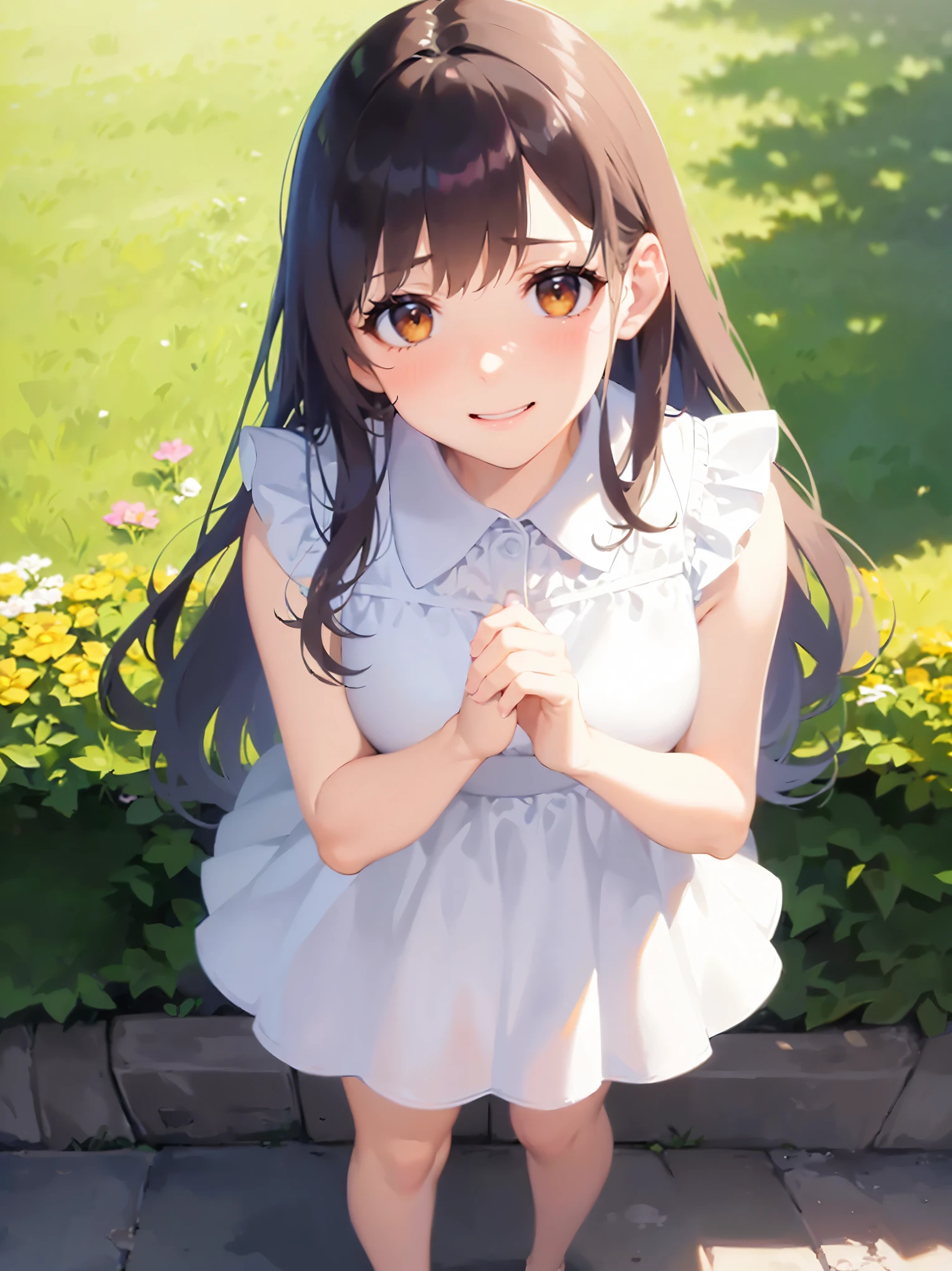 Anime girl in a blue dress standing in front of a flower garden - SeaArt AI