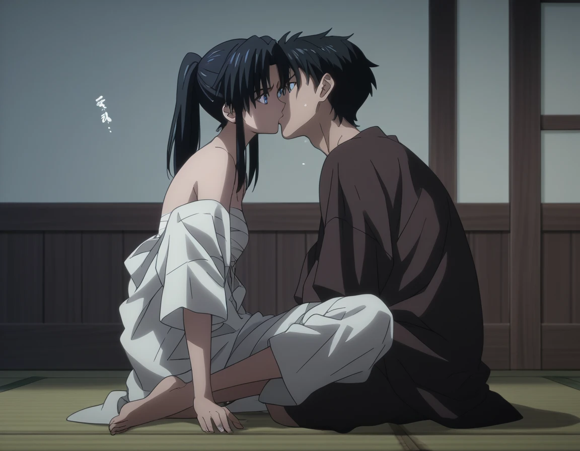 Miyuki Shiba and a are almost completely naked in yukatas hugging and kissing、Open kimono、With an amazing smile、Huge areola