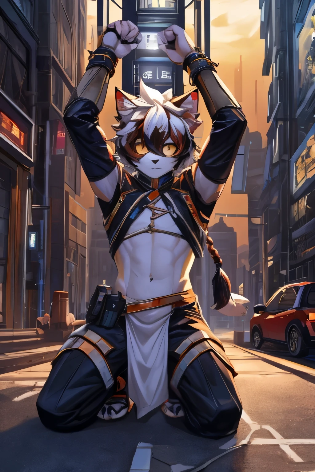 Score_9, (( actual , Extremely detailed)), masterpiece,Science Fiction, City, solo furry anthro male (cat) aakarknights , beard, White hair, bangs, hair covering one eye,Single Braid , Golden sclera , Narrow pupils , has metal cuffs on the wrist , with metal cuffs on the ankles , Wearing no shirt , No underwear, City, night, Put your hands above your head and kneel down