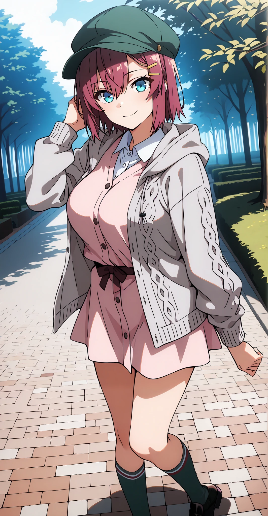 masterpiece, best quality, amazing quality, very aesthetic, absurdres, newest, scenery,highly detailed,high-resolution, {{Increase saturation:1.2、Highly colored}} looking at viewer,smile, solo, AkaneNanao,1girl,red hair,short hair,hairclip,blue eyes, Medium breasts,
green hat, grey cardigan, hooded cardigan, cable knit, pink dress, green socks, long sleeves, collared dress