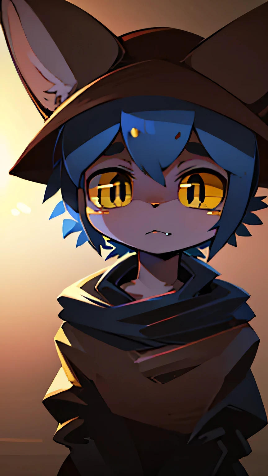 Niko (anatomically correct) (hat) ((perfect face)) ((Masterpiece)) ((hight cuality)) (full body) ((hight details)) (blue hair) (yellow eyes) (antho)