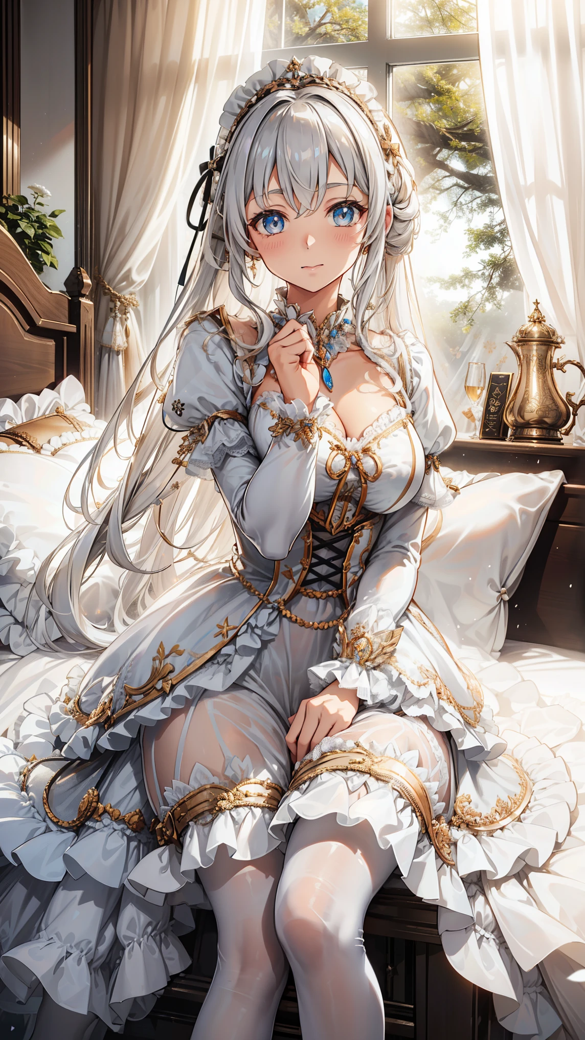 shakes ,Attractions, Have Fun ,in love,(Girl in a white modern shirt 、 tunic and pantyhose:1.2),( white ruffle bow gloves ), silver hair , golden eyes,Sacred headdress, transparent lace ,gorgeous dress , alone,European bedroom,(night:1.1),Delicate and beautiful face ,ta