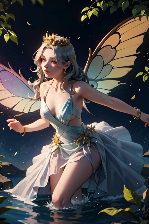 4k ultra hd, masterpiece, a girl, good face, detailed eyes, detailed lips, flower fairy girl, big wings, transparent wings, neon lights, magnificent background, golden dress, bare waist, flower crown, starry sky background, divine light, attractive pose,