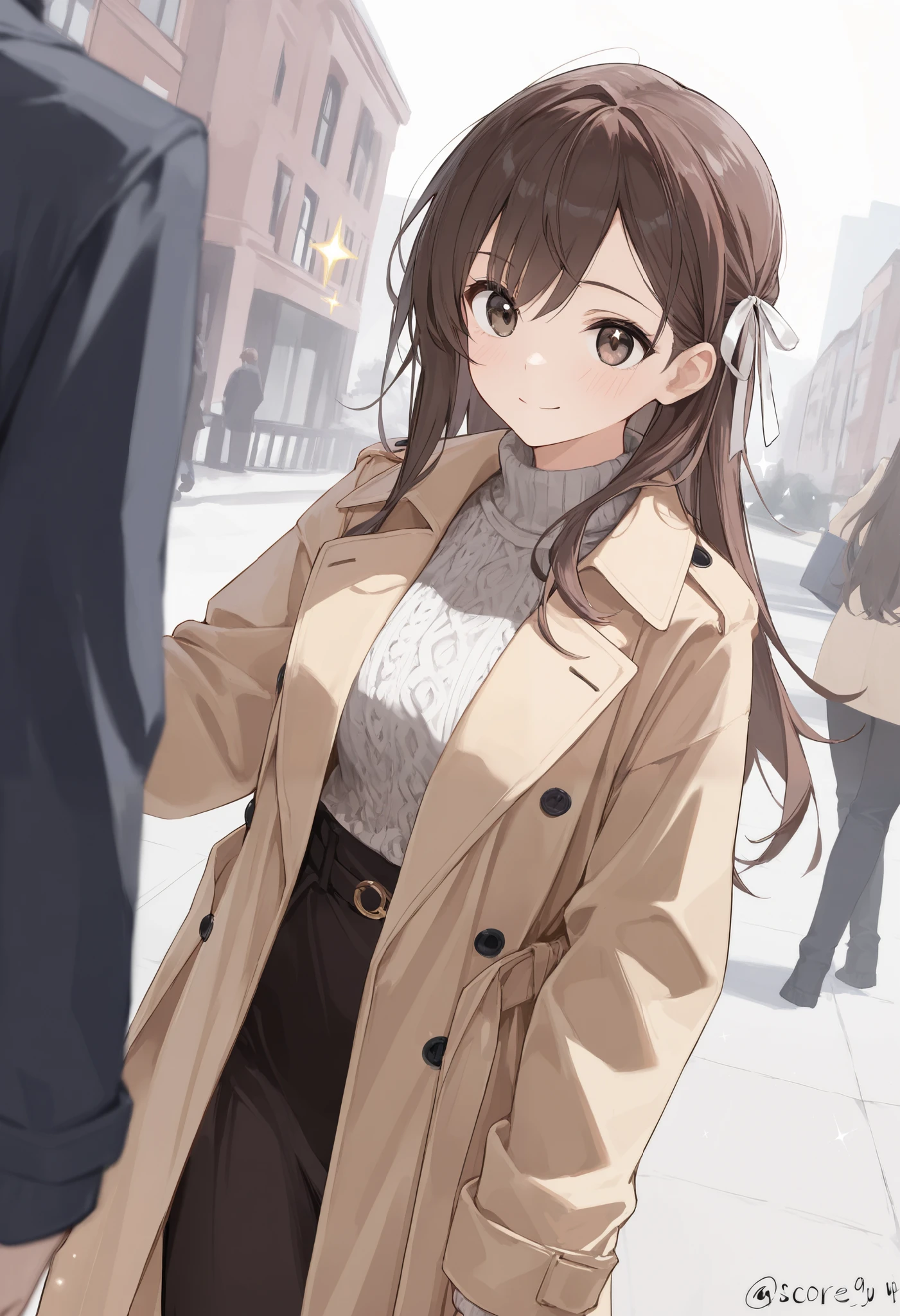 (Trench coat), outerwear, spring coat, long sleeves, long coat, long length, off-white color Wearing a knitted sweater as an inner layer, brown hair, hair behind ear, ribbon, sparkle, ((masterpiece)), UHD, (textured skin), accurate, ((super detail)), high quality, ((best quality))
