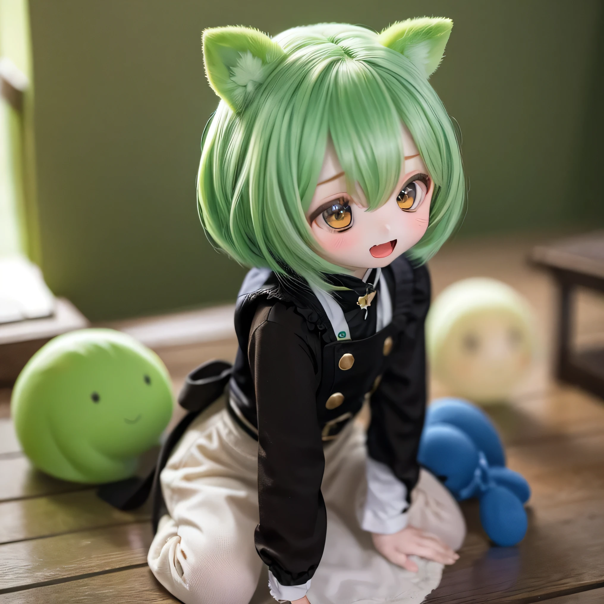 cute green-haired zundamon in playful pose, ( chibi), (((((( Mother )))))), Ultra-high resolution detailed character designs , intricate details , super real , photorealistic , 8k, Masterpiece , is high resolution, bright color, soft writing , natural light, 、 Warm Palettes , wonderful , magical, fantasy , cute , cuteデザイン , , Heartwarming、Edamame、 Laughter